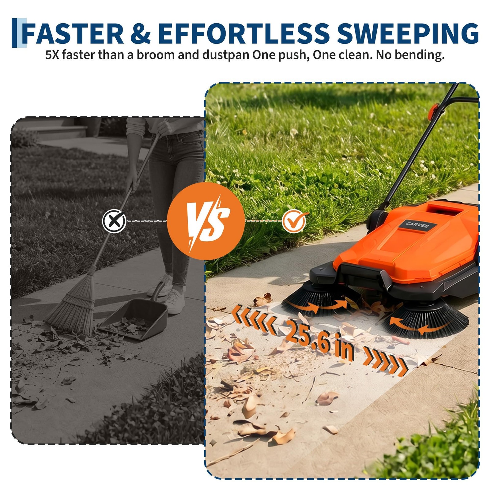 Walk-behind Hand Push Floor Sweeper w/25.6″ Width & 5-Gallon Waste Container