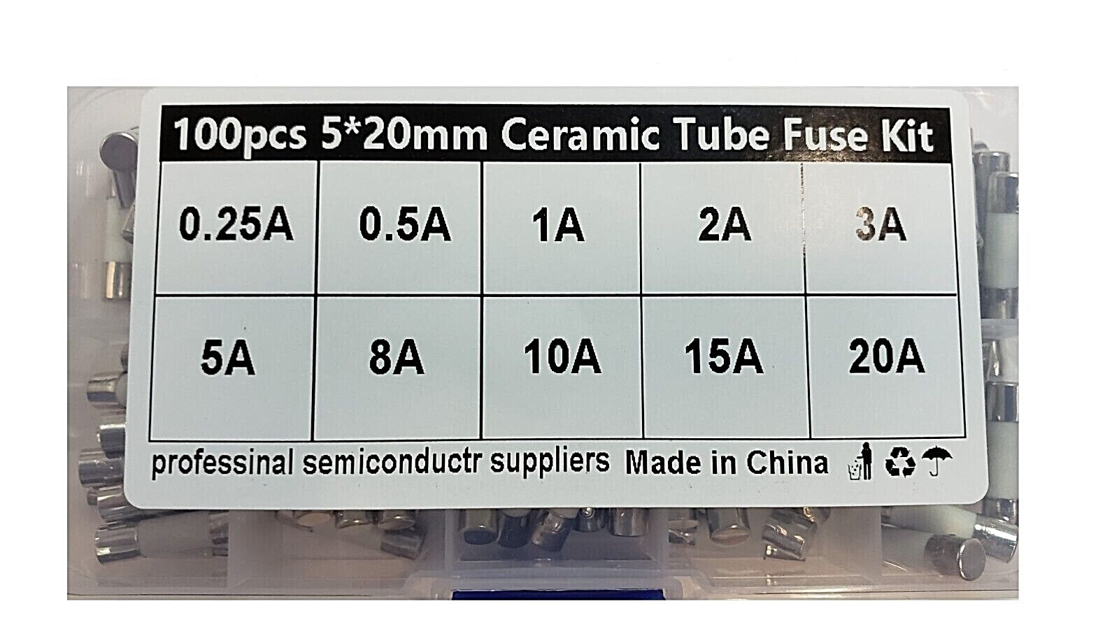 Fast Blow Ceramic Fuse KIT 0.25A 0.5A 1A 2A 3A 5A 8A 10A15A 20A 5x20mm (100x)