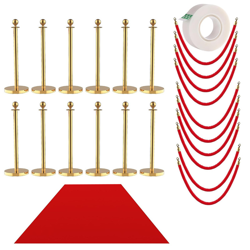 12-Piece Gold Stanchion Set with 26FT Red Carpet & 10 Velvet Ropes, Hollow Base