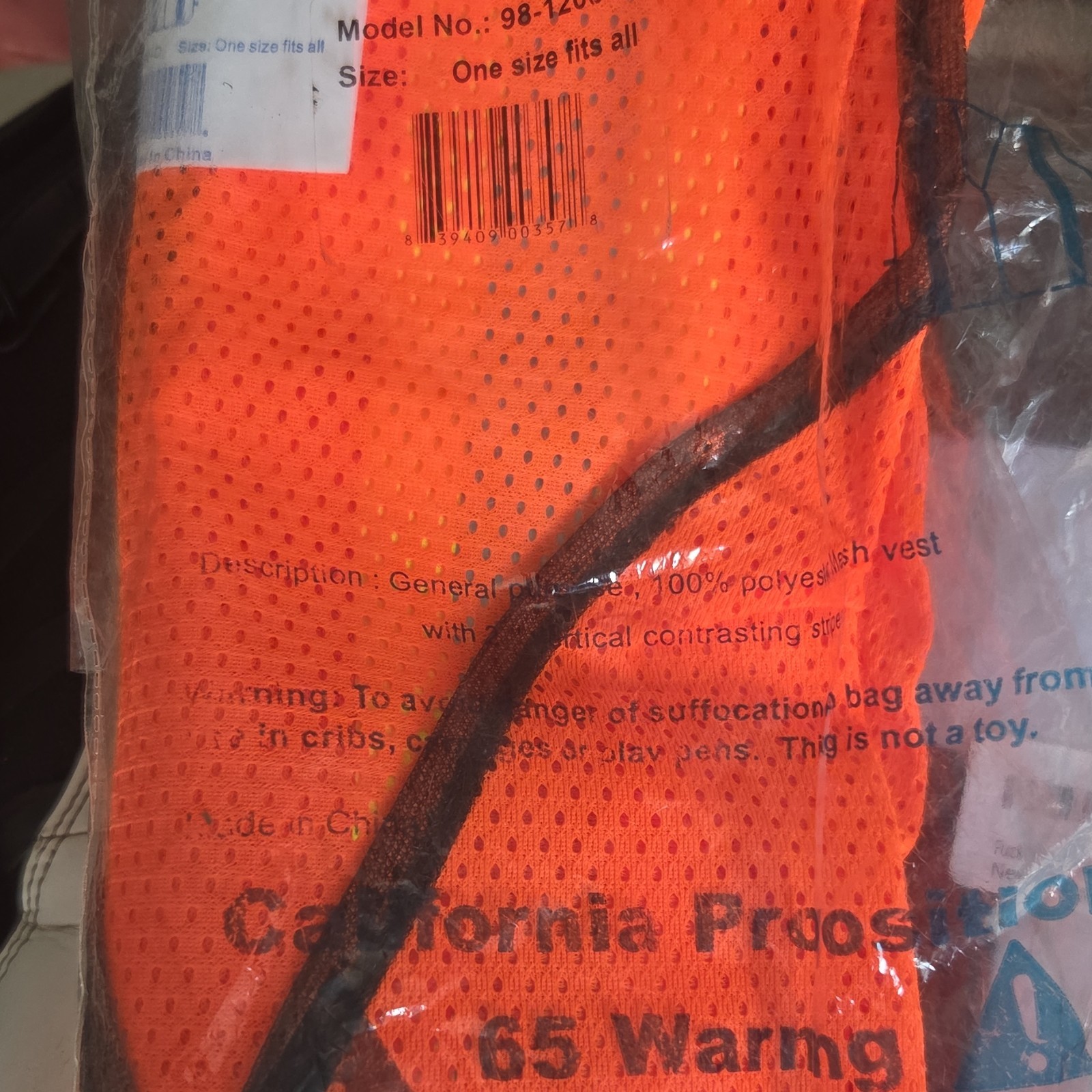 TUFF GARD Hi-Visibility Orange Mesh Safety Vest One Size Fits All Model 98-120