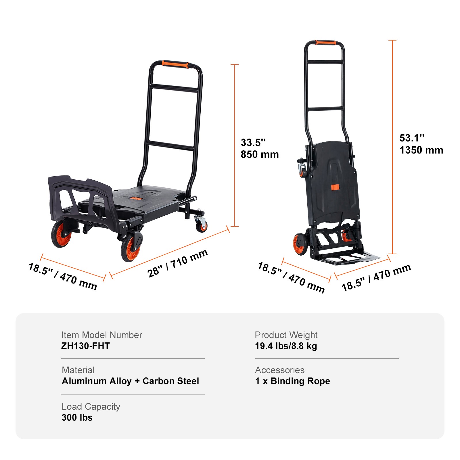 Aluminum Hand Truck 2 in 1 Folding Dolly Cart 300 lbs Capacity Heavy Duty