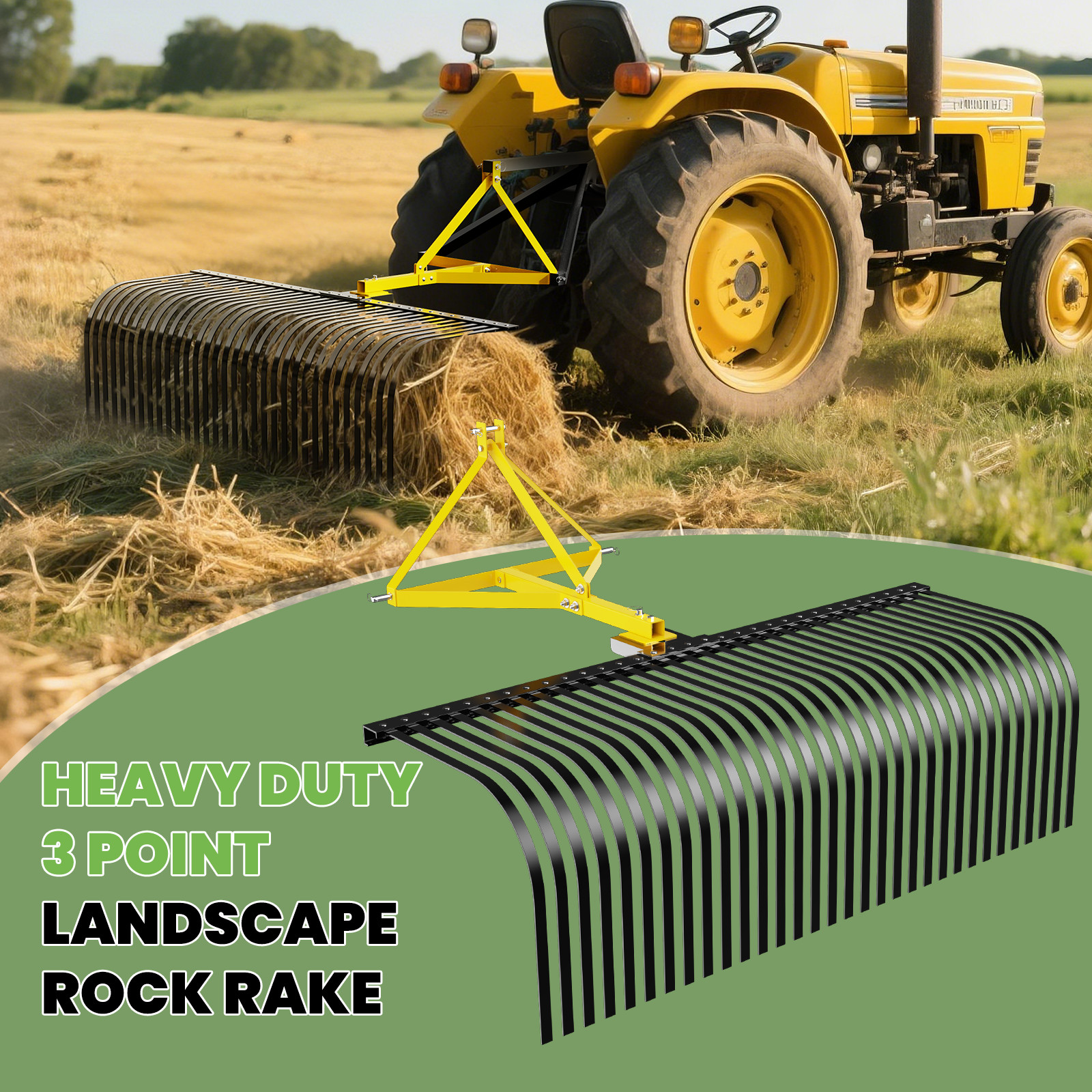 60″ 3 Pt Landscape Rock Rake For Category 1 Tractor Attachment Soil Gravel Lawn