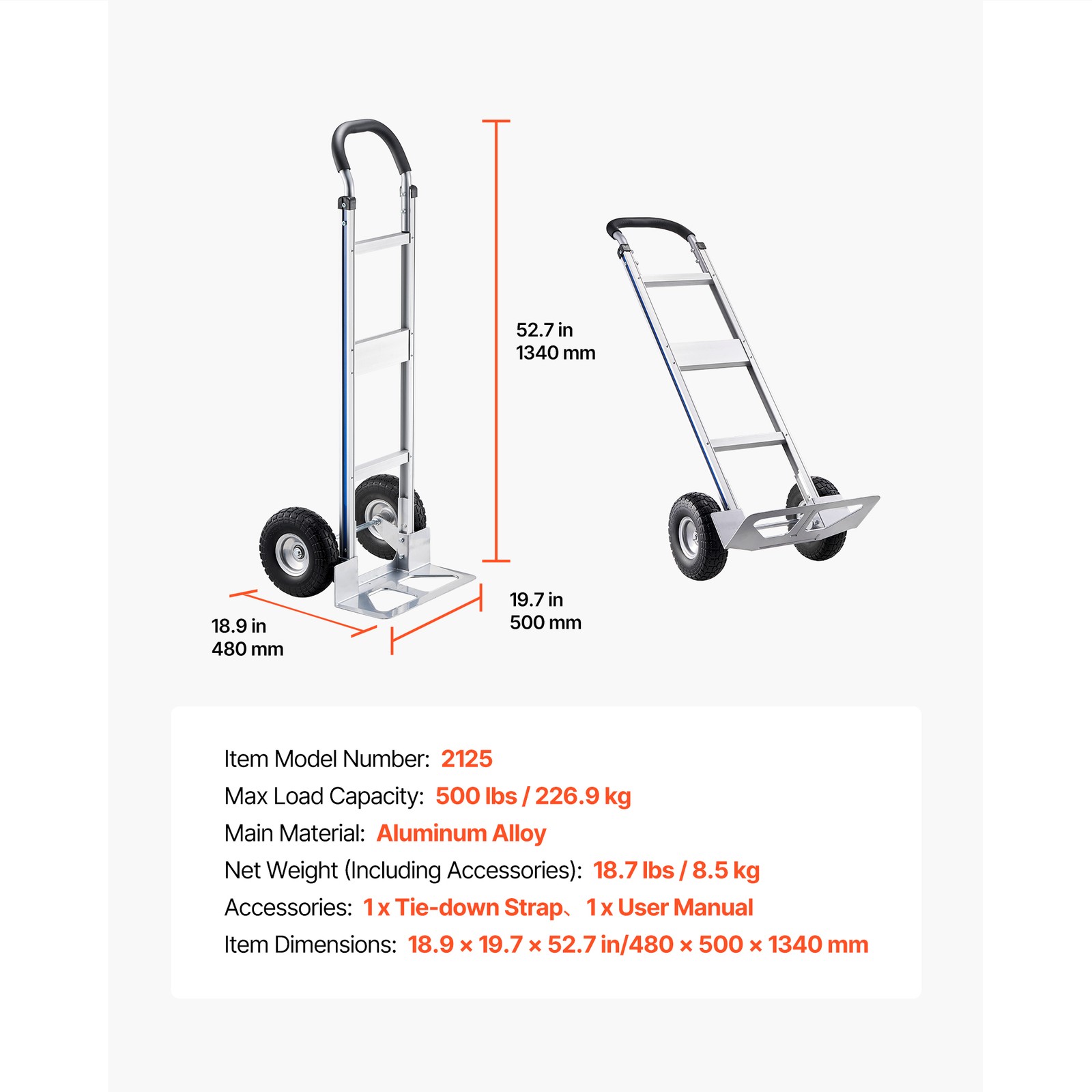 Uimoso 500 lbs Capacity Aluminum Hand Truck with Durable Wheels