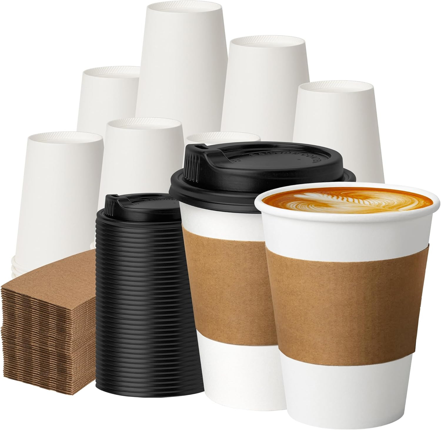 100 Pack 12 Oz Disposable Coffee Cups with Lids and Sleeves, Paper Coffee Cups f