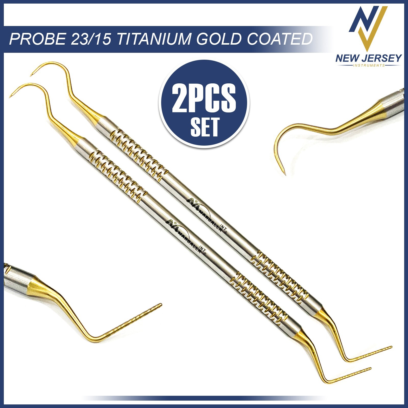 New 2Pcs Dental Explorer-Probe 23/15UNC High Quality Titanium Gold Coated