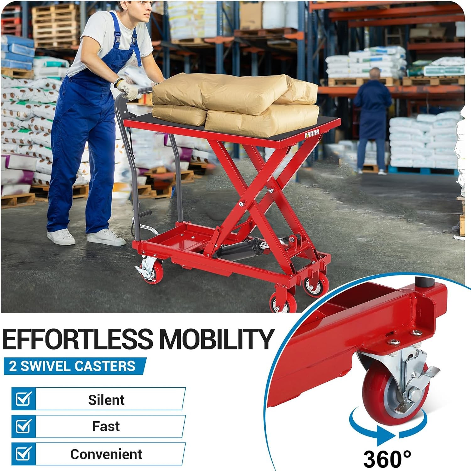 500Lbs Hydraulic Lift Table Cart 28.5in Height 4 Swivel Wheels Non-Slip Pad Use