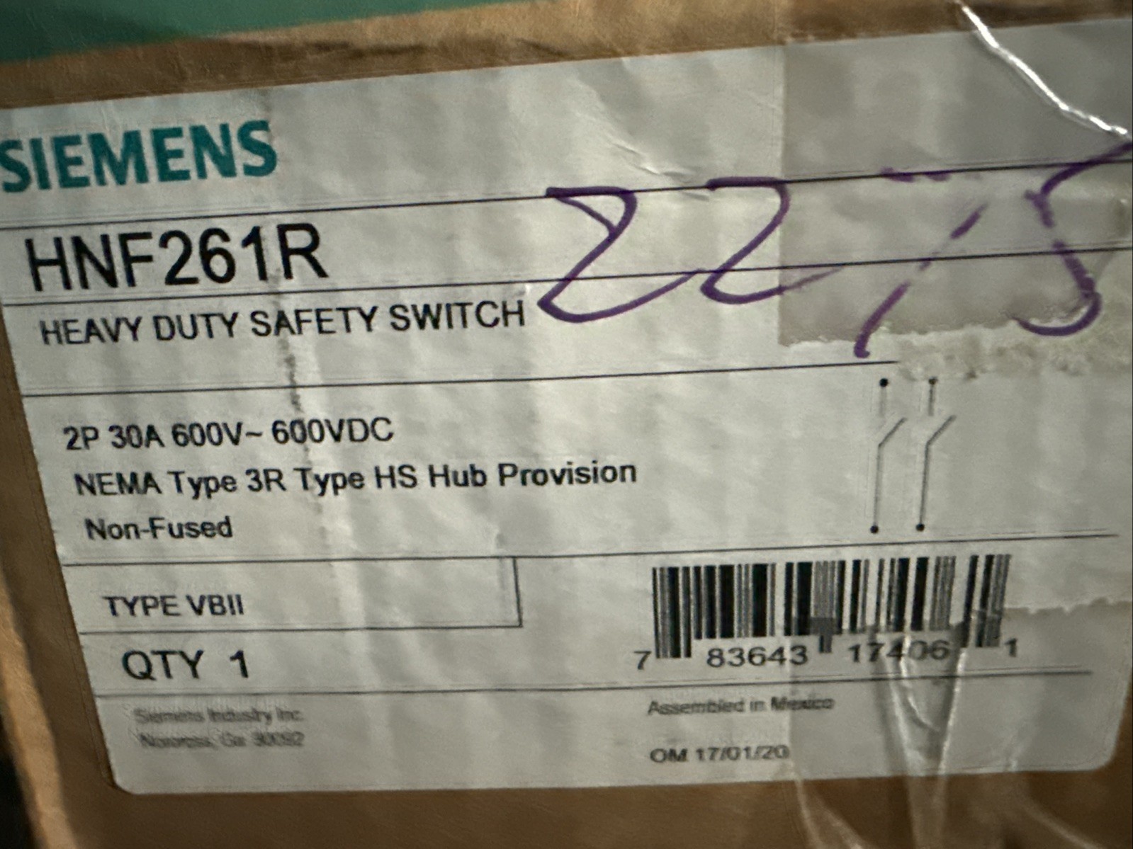 New Siemens HNF261R 2P 30A 600V Non-Fusible Safety Switch Disconnect 3R Outdoor