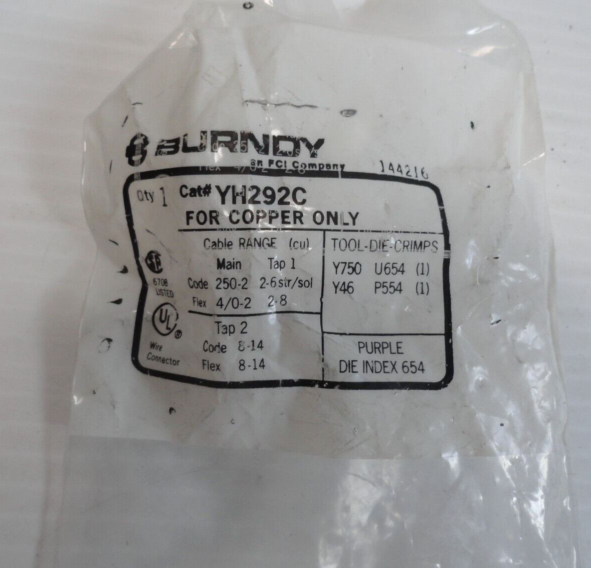 Lot of BURNDY 4/0 AWG STR CU Purple Die 15 or 54 Reducer and Splice Kit