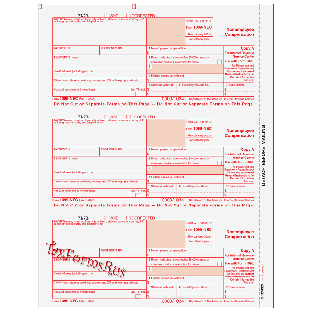 2024 IRS Tax Form 1099-NEC Laser 6 recipients+(1)1096 #NECS405 – 3UP 4pt NO Env