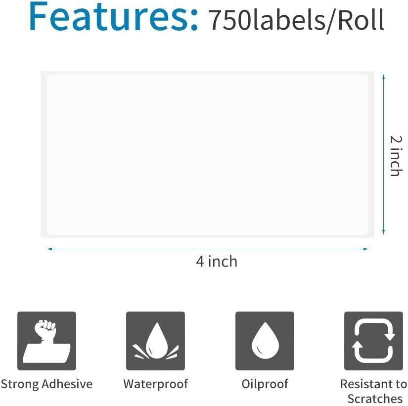 4”x2” Direct Thermal Shipping Labels for For Zebra & Rollo 750 Labels Per Roll