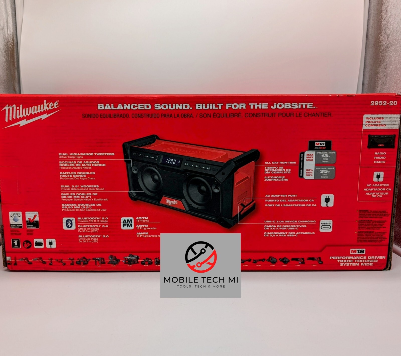 Milwaukee M18 Bluetooth 5.0 Jobsite Radio 2952-20 AM/FM Stereo Speaker AC Adapte