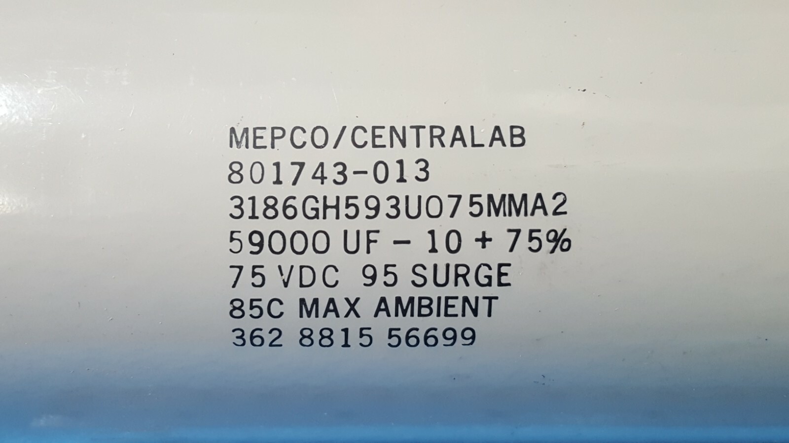 Capacitor Aluminum MEPCO ,59.000 uF/MF ,3186GH593U075MMA2, 75VDC, 95 Surge
