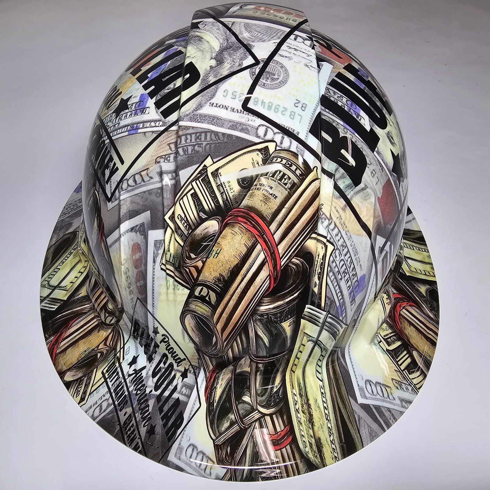 full brim hard hat custom hydro dipped IN BLUE COLLAR DIRTY HANDS CLEAN MONEY