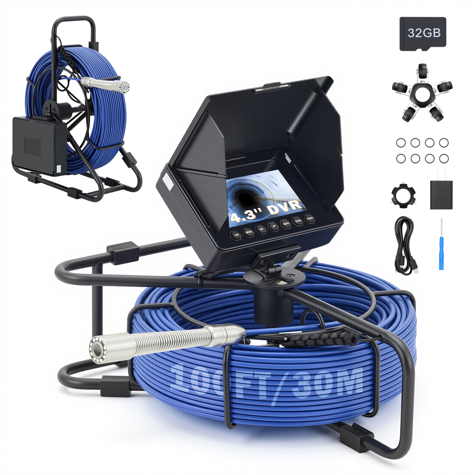 4.3 in. Sewer Camera w 98ft/30m Cable Length Marker 32GB Camera 8500mAh IP68