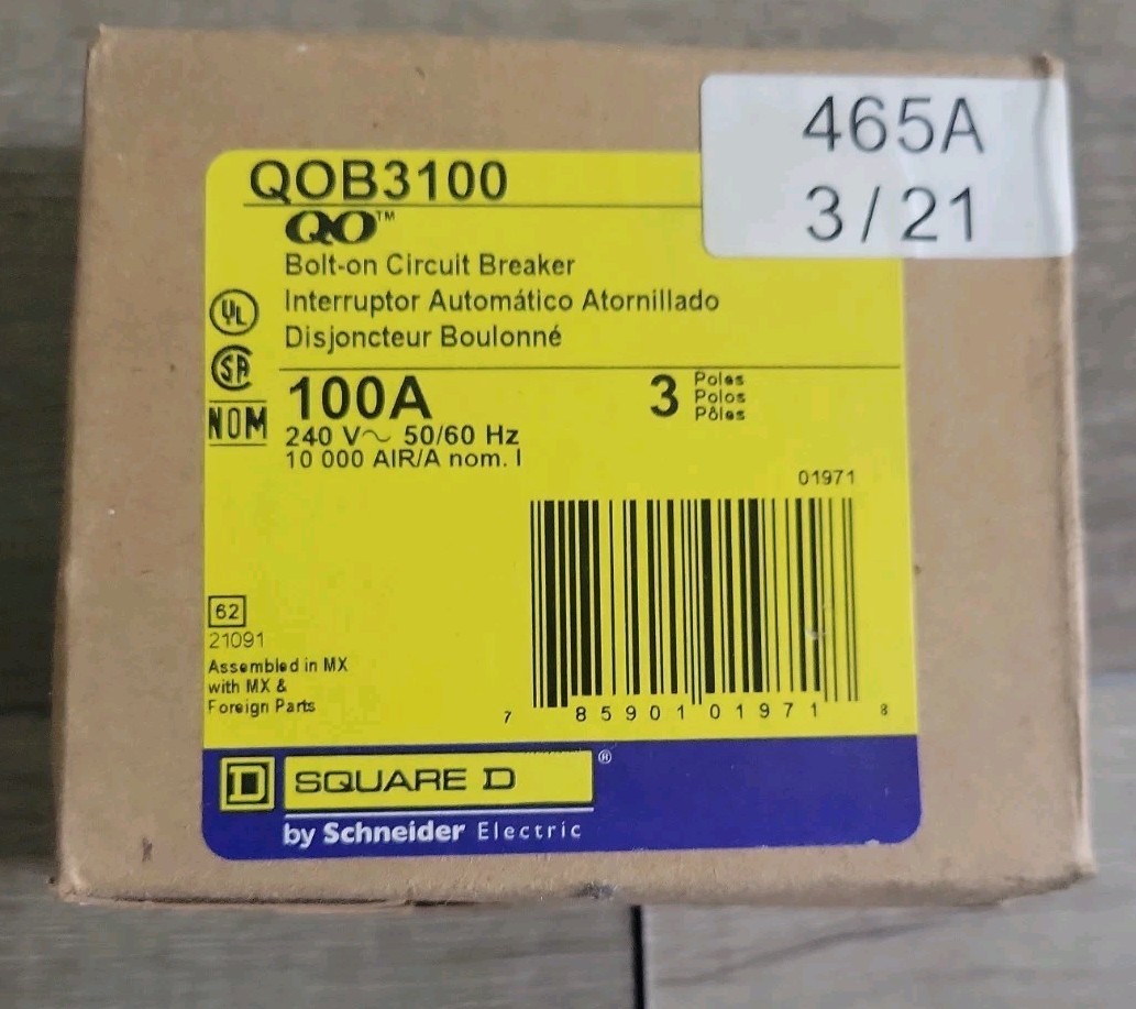 QOB3100 SQUARE D Circuit Breaker (QOB) Standard, 100A, 3-Phase 240 Vac, Bolt-On