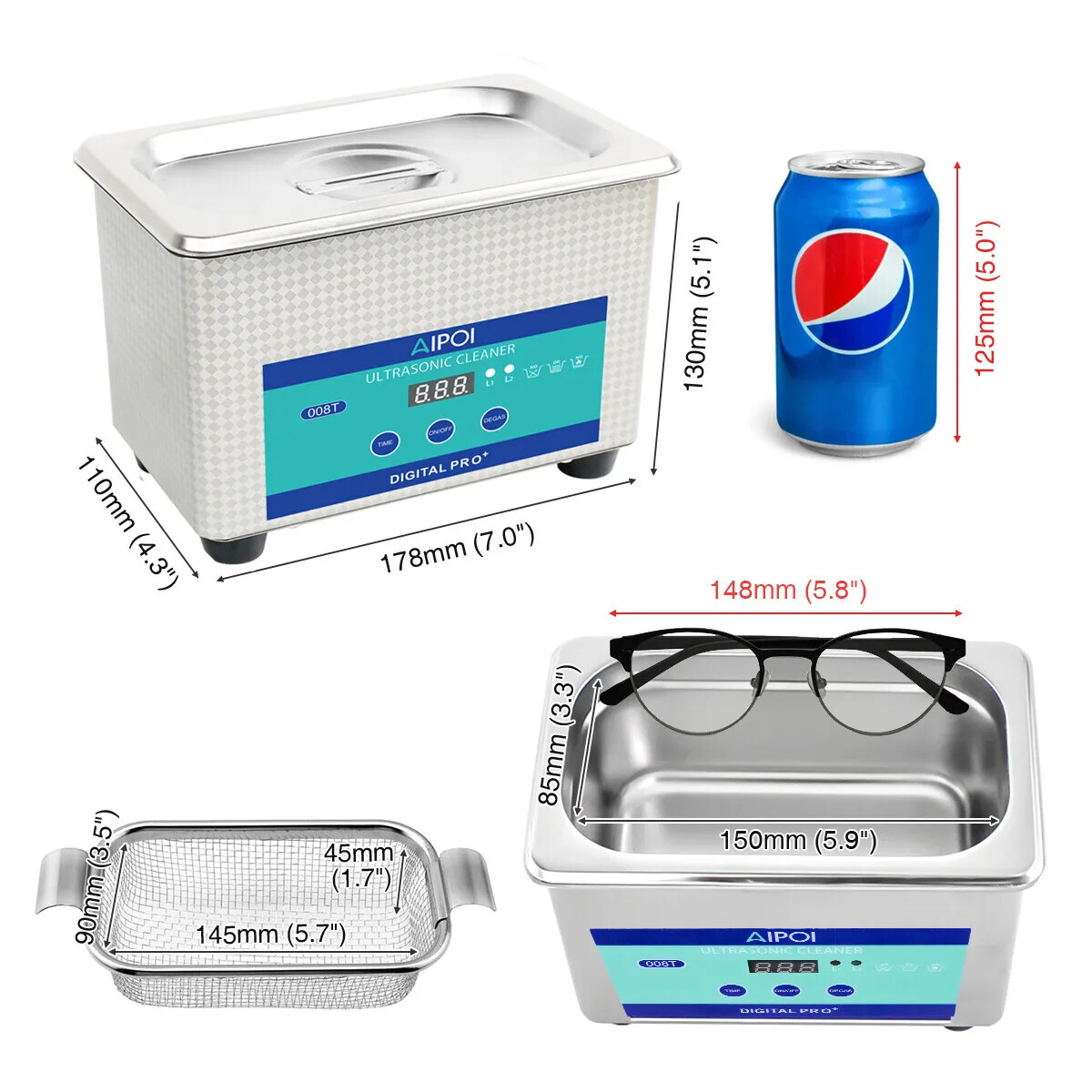 800mL Stainless Steel Ultrasonic Cleaner Jewelry Watch Glasses Cleaning Machine
