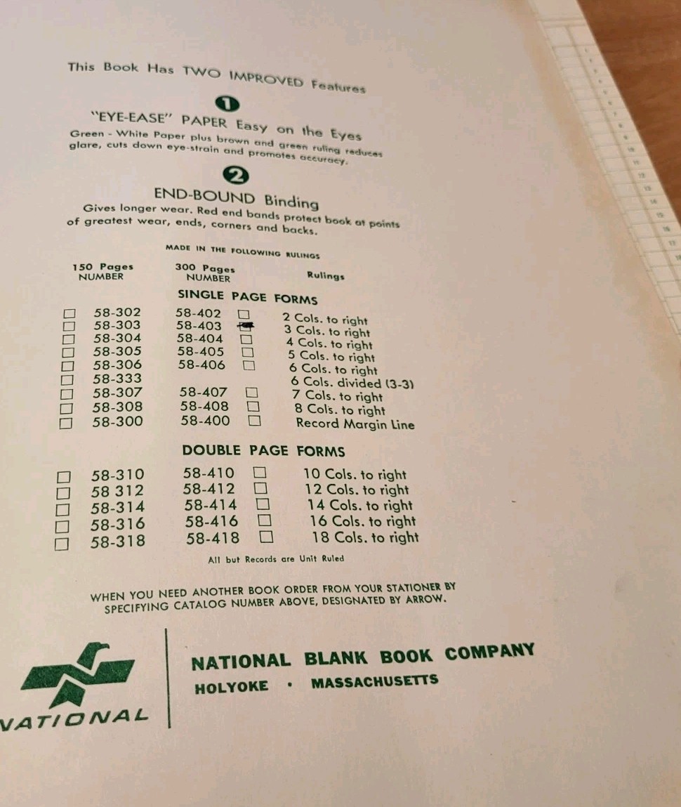NATIONAL BLANK BOOK COMPANY Hardcover Ledger Accounting #58-403 D-3