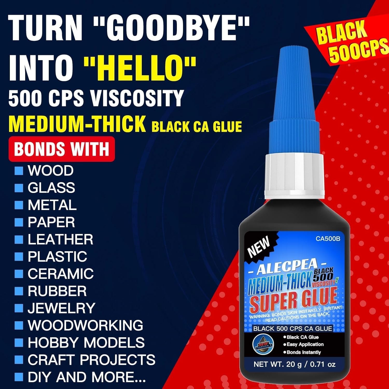20g Black Medium-Thick CA Glue 500 PCS, Premium Cyanoacrylate Super Glue