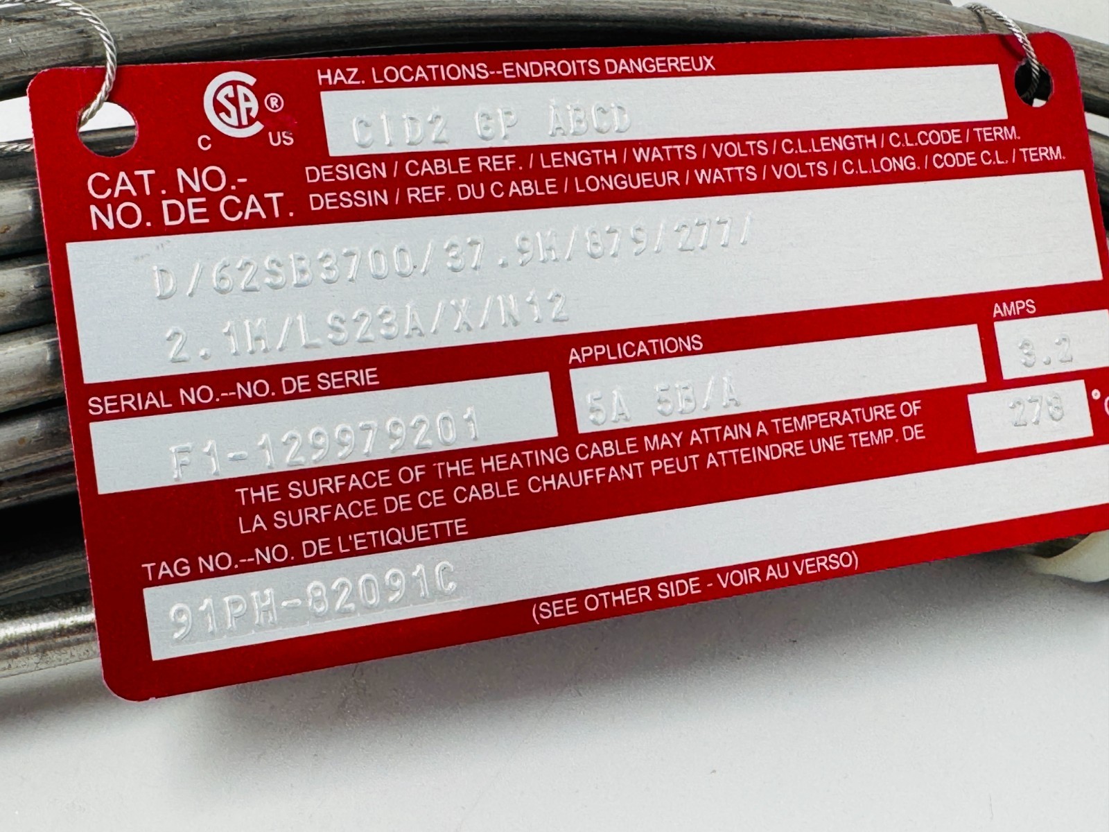 Pyrotenax D/62SB3700/37.9M/879/277/2.1M/LS23A/X/N12 Heating Cable 879 Watts
