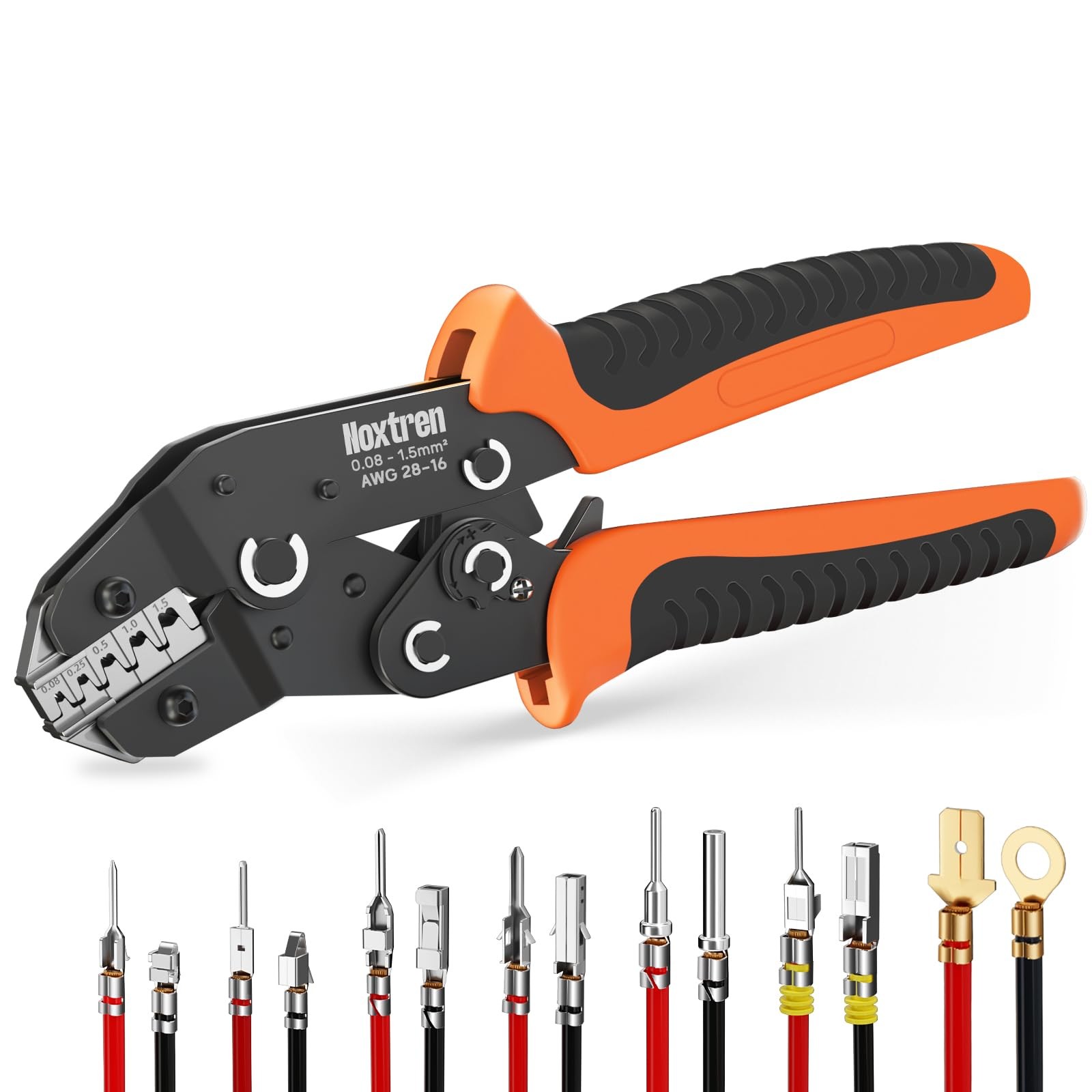 Noxtren 5-in-1 Wire Crimping Tool, AWG 28–16 Ratcheting Pin Orange, Black