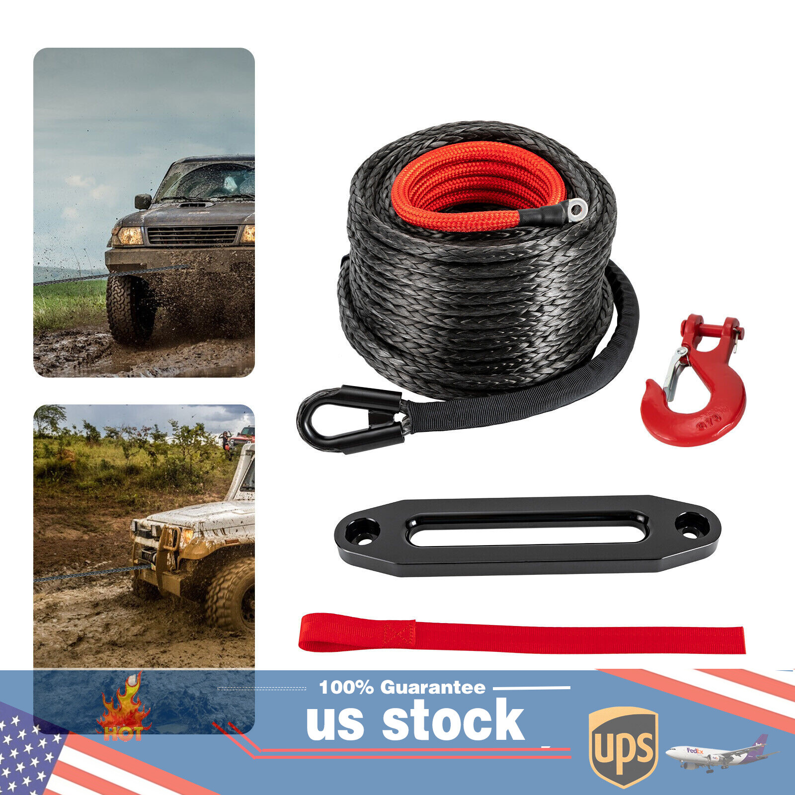 1/2″x92ft Synthetic Winch Line Cable Rope With Sleeve + Winch Hook For ATV UTV