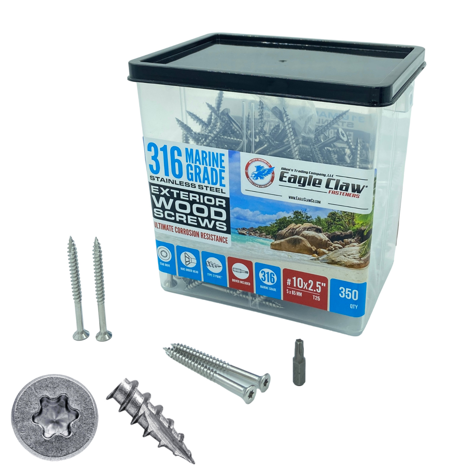 316 Marine Grade 2.5 Inch Stainless Steel Wood Screws Star Drive Type 17 Point