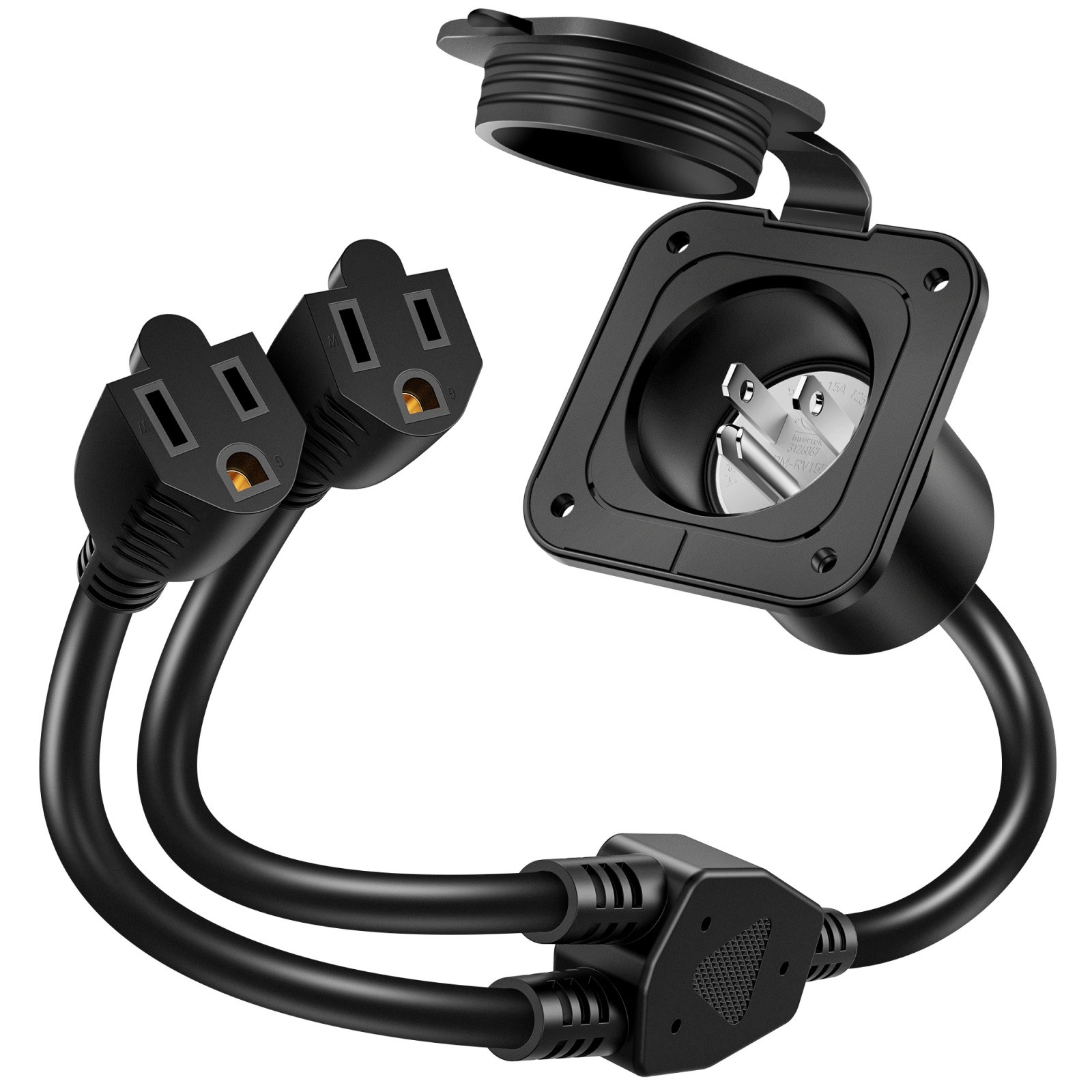 15Amp AC Port Plug Shore Power Inlet w/Dual 18″ Extension Cords Y Splitter Cable