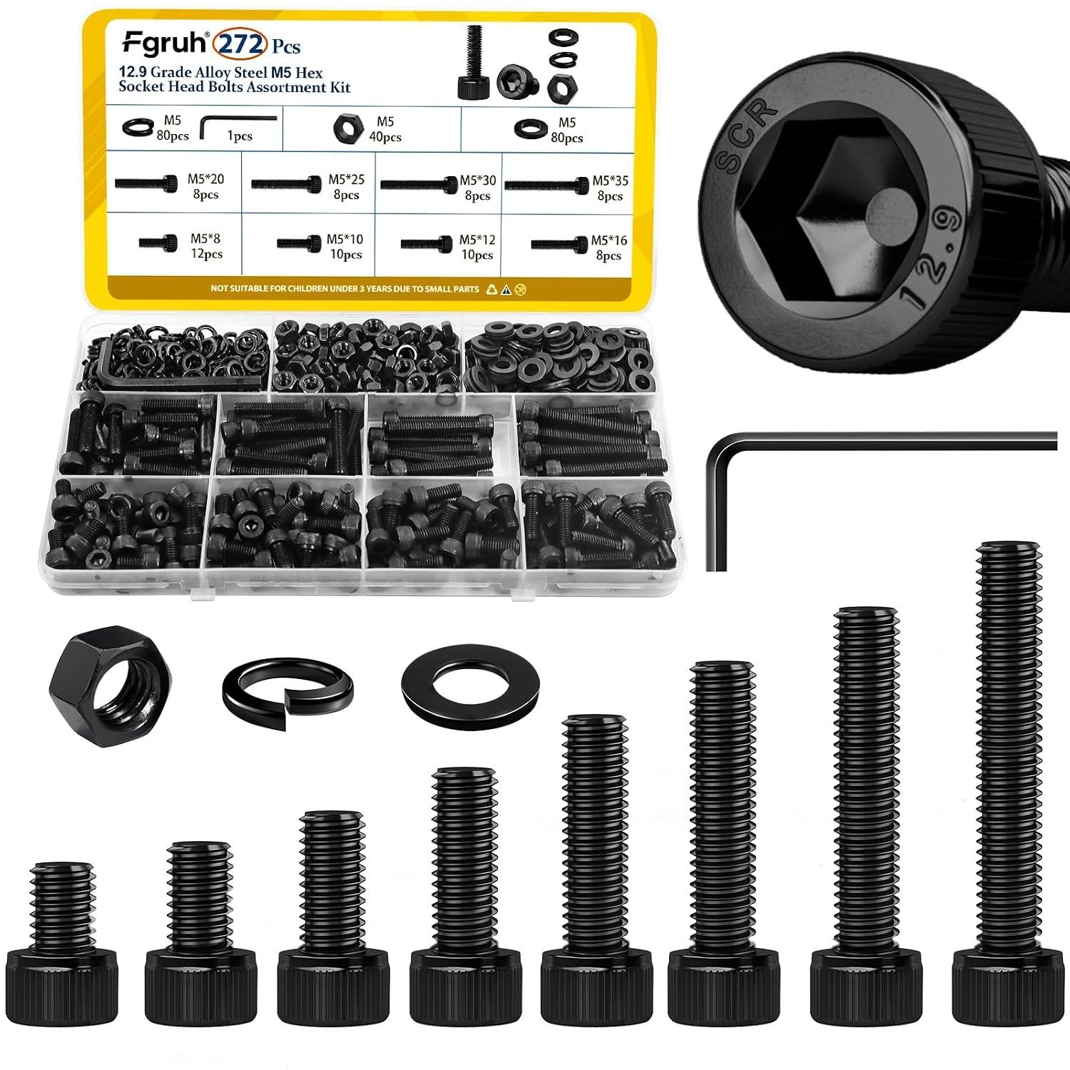 272PCS M5 Screws, Nuts & Washers Set – Hex Socket Head Cap Bolts Assorted