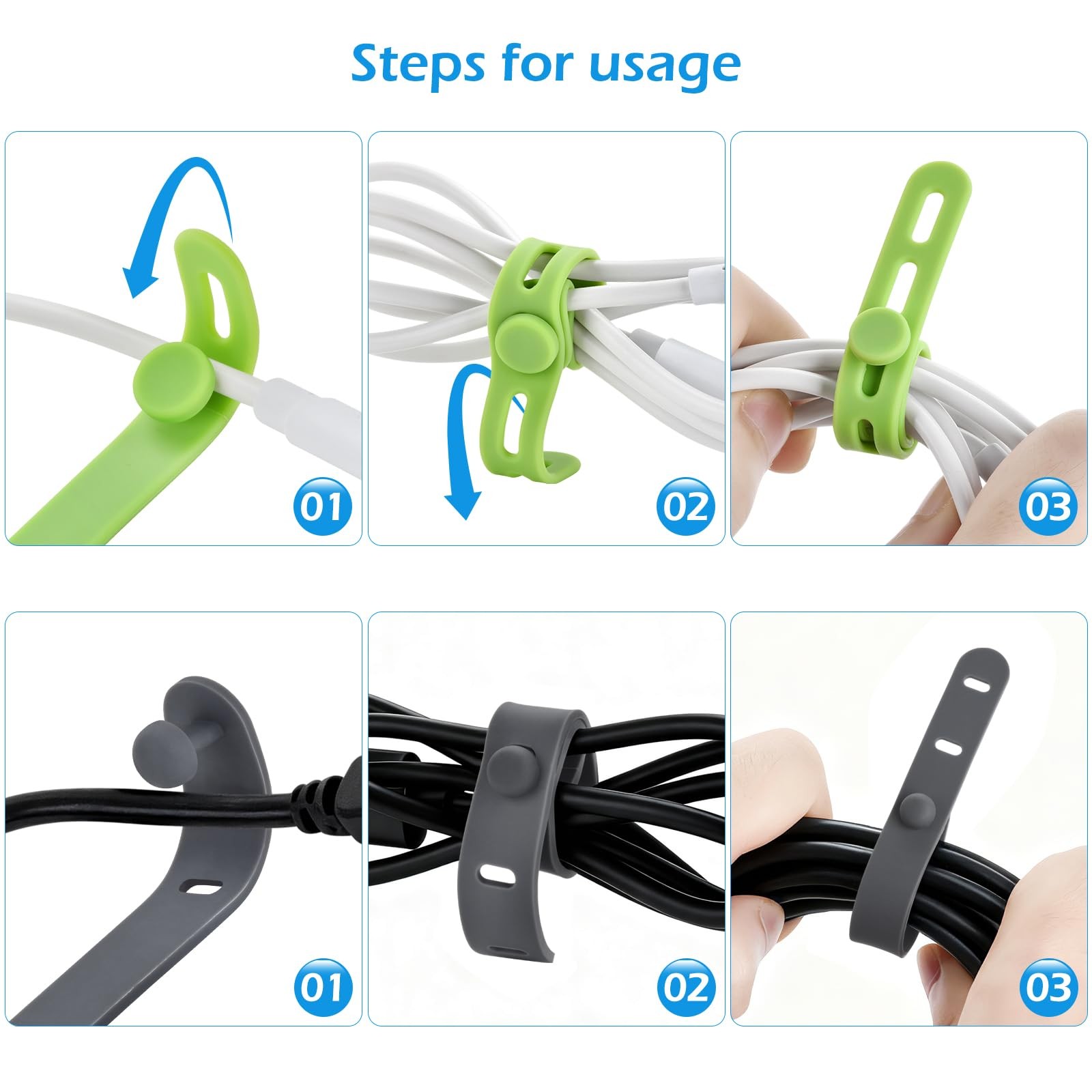 24 Pcs Silicone Cable Ties, Cord Organizer 0.5*5in, White/Gray/Green/Blue