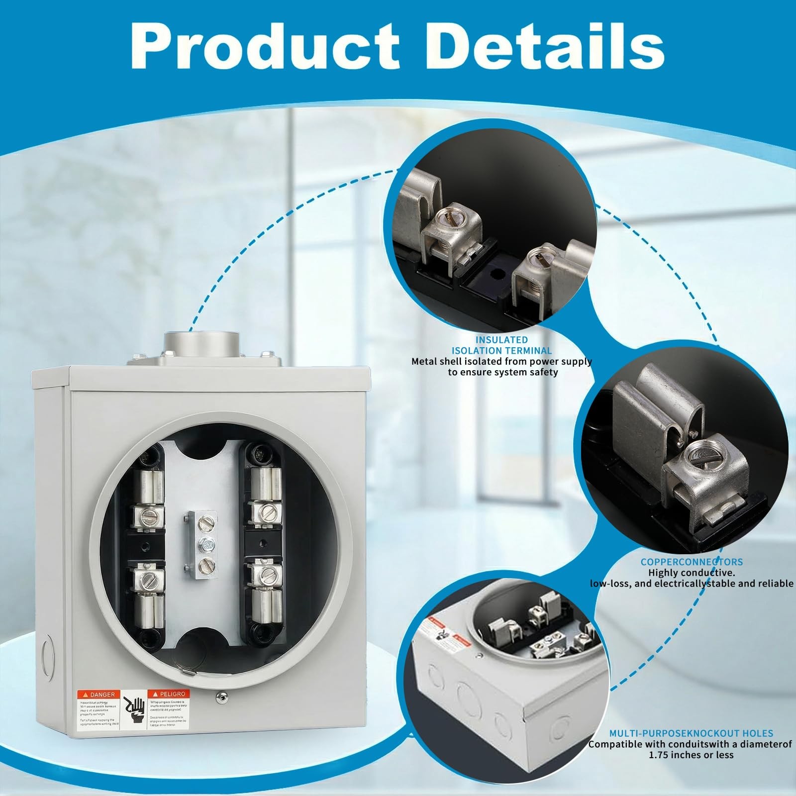 100 Amp Meter Socket, 4-Jaw Meter Base, Single Phase 3-Wire Ringless | 600V Max