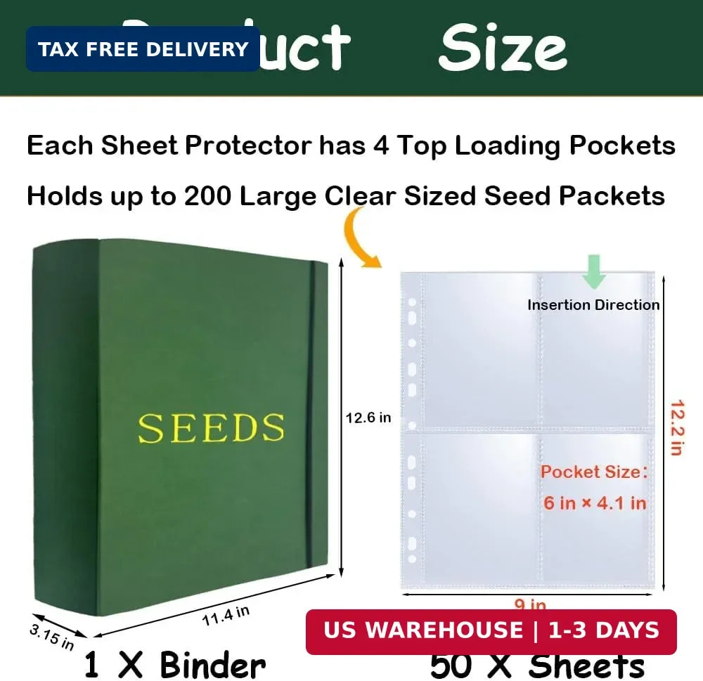 Extra Large Seed Storage Organizer Binder,3 Ring Seed Packet Organizer with 200