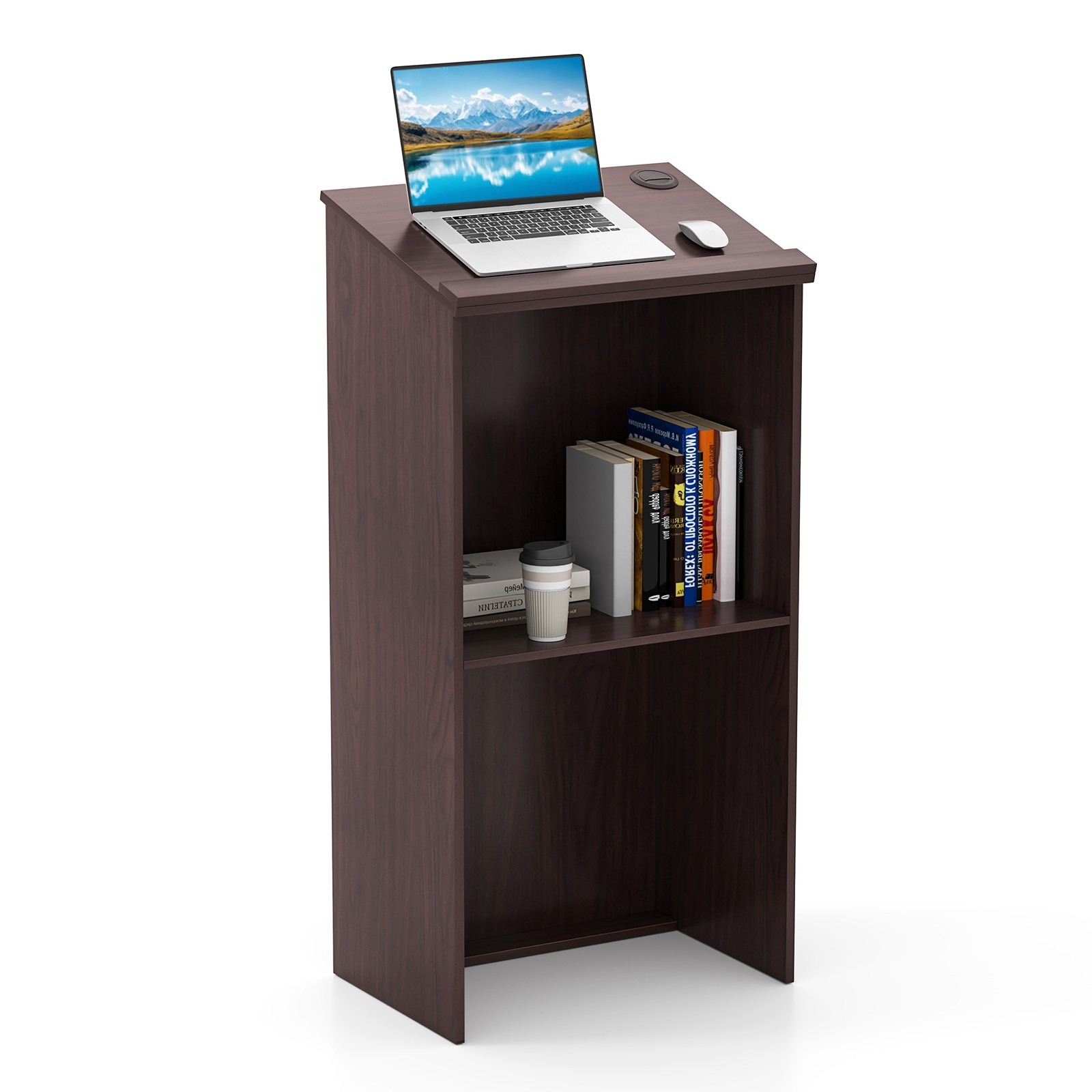 Wooden Floor Standing Podium Speaking Lectern w/ Adjustable Shelf & Pen Tray