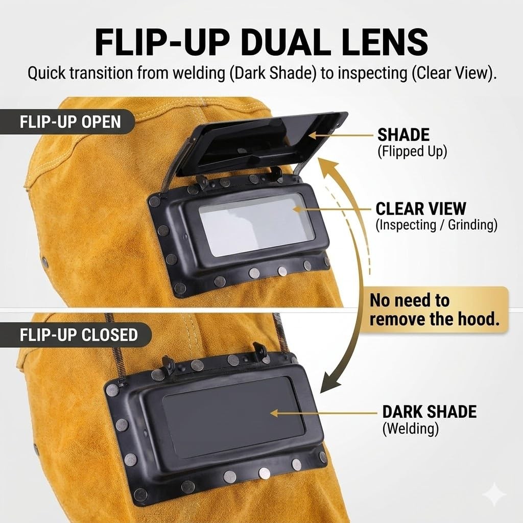 Premium Split Cowhide Leather Welding Hood with Flip-Up Lens – Flame Retardan…