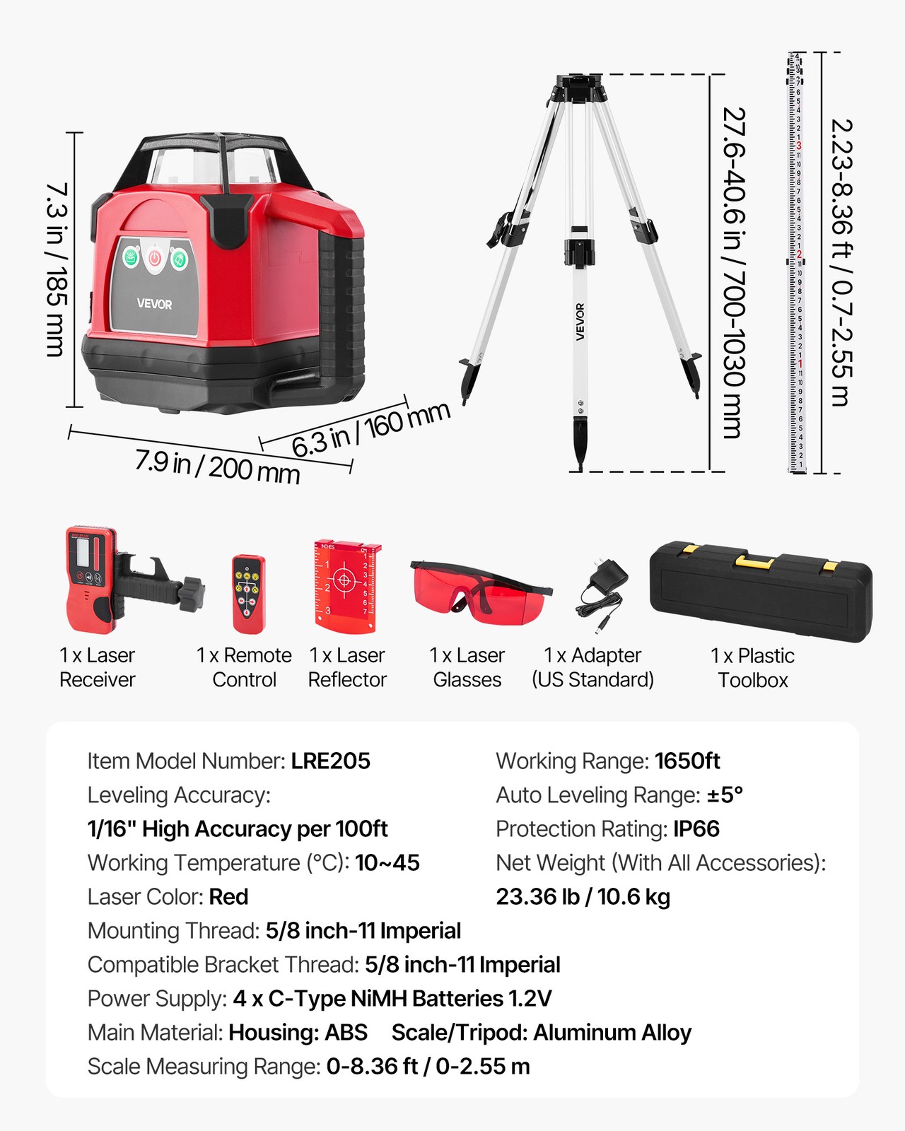 VEVOR 1650ft Rotary Laser Level Kit Self Leveling Red Line 0.06 in/100 ft