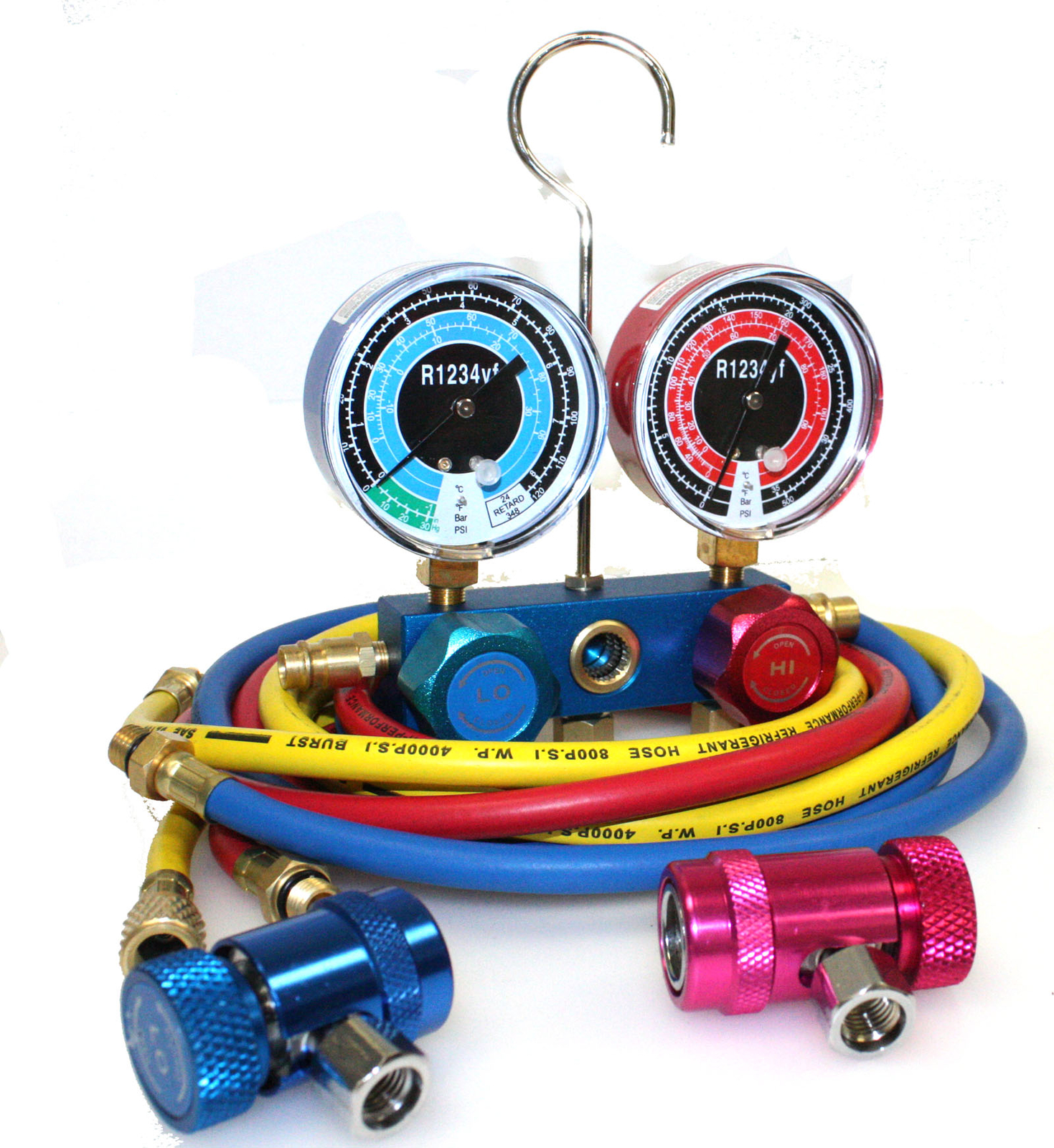 R1234YF HVAC Air Conditioning Aluminum Manifold Gauge Set W/ 3 Color Hoses A/C