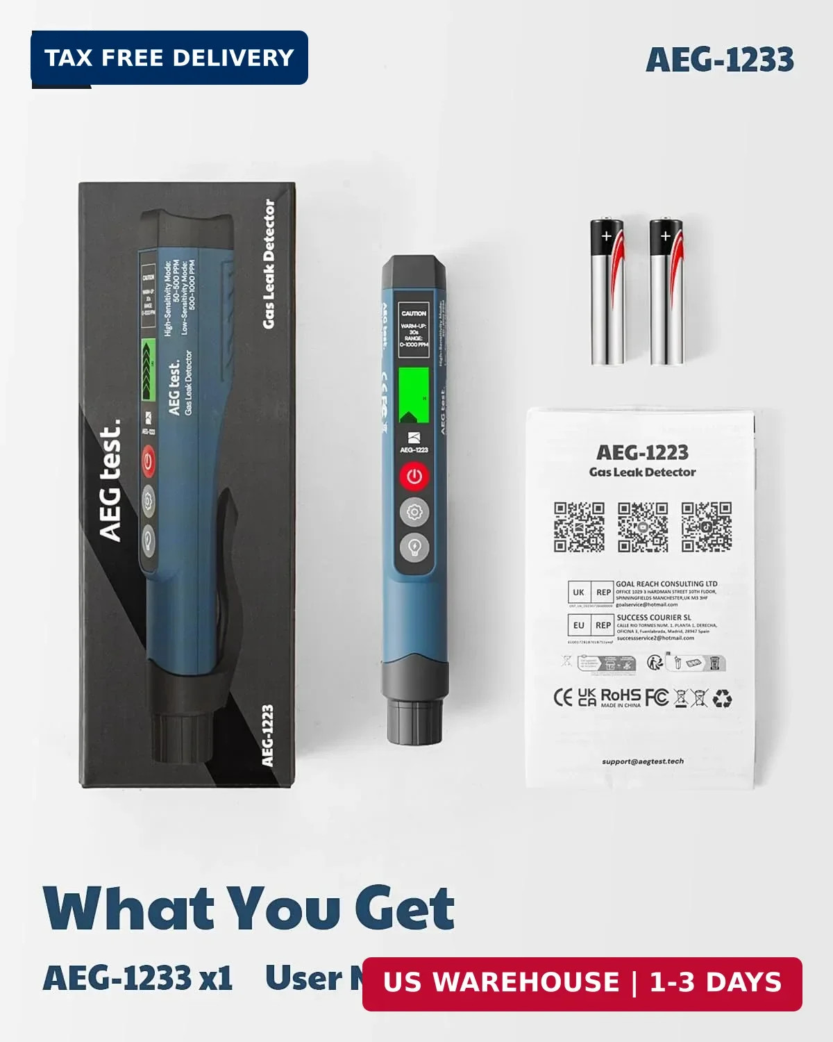 1223 Gas Leak Detector with Visual & Audible Alarm, Built-in Light, Natural Gas