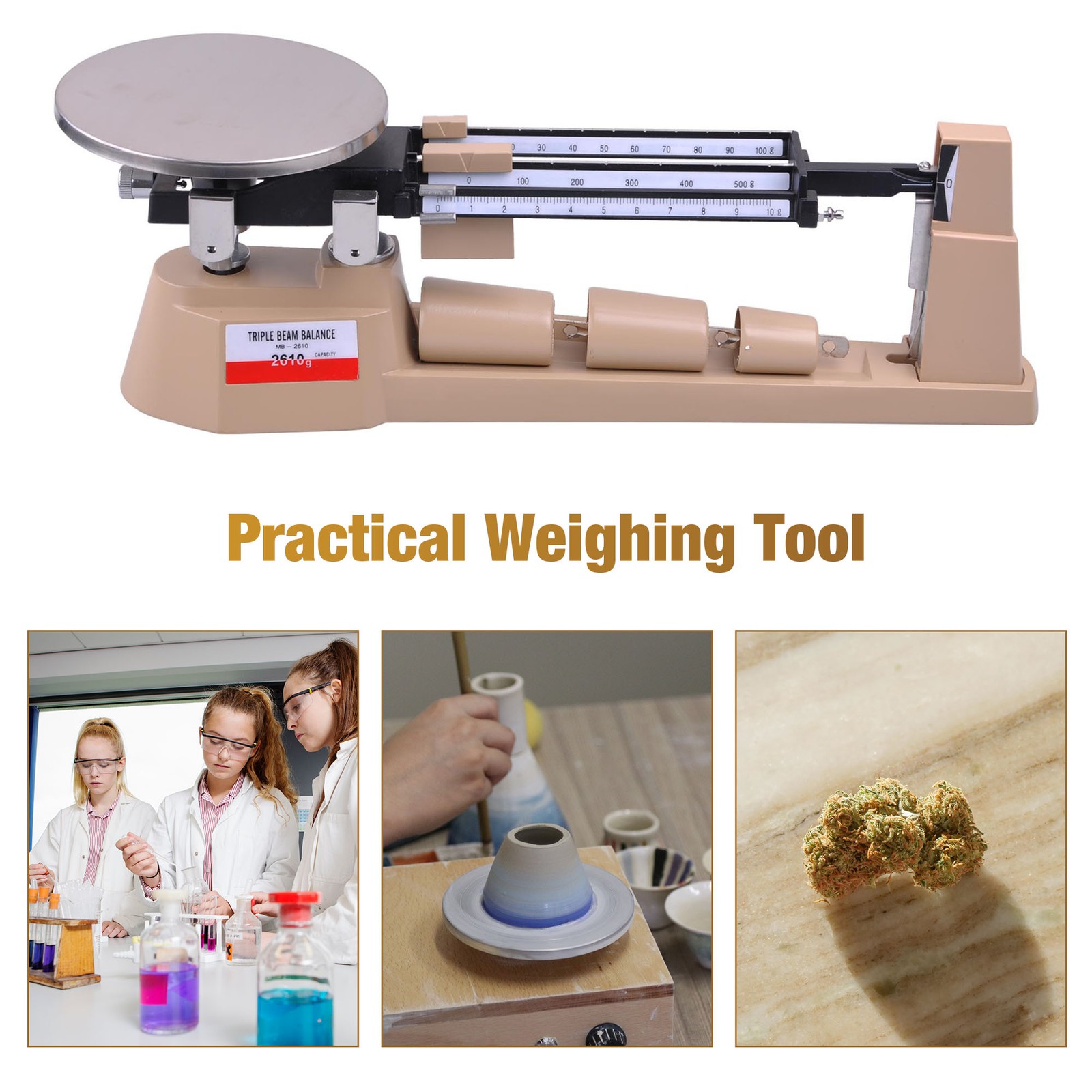 Triple Beam Mechanical Balance Scale Weight Set 2610g 0.1g Lab Analytical Weight