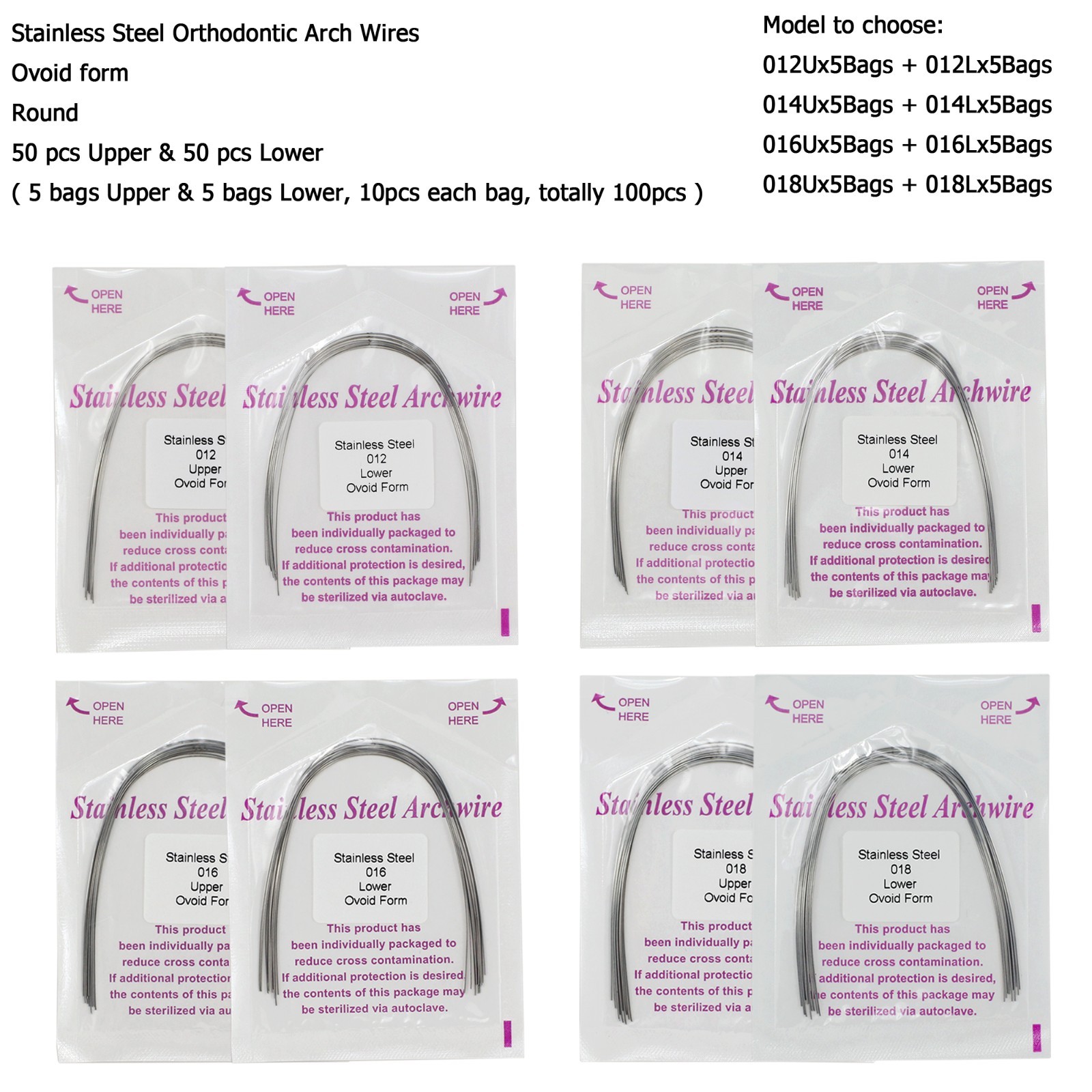 100PC Orthodontic Arch Wire Niti Stainless Steel Ovoid Natural Round Rectangular