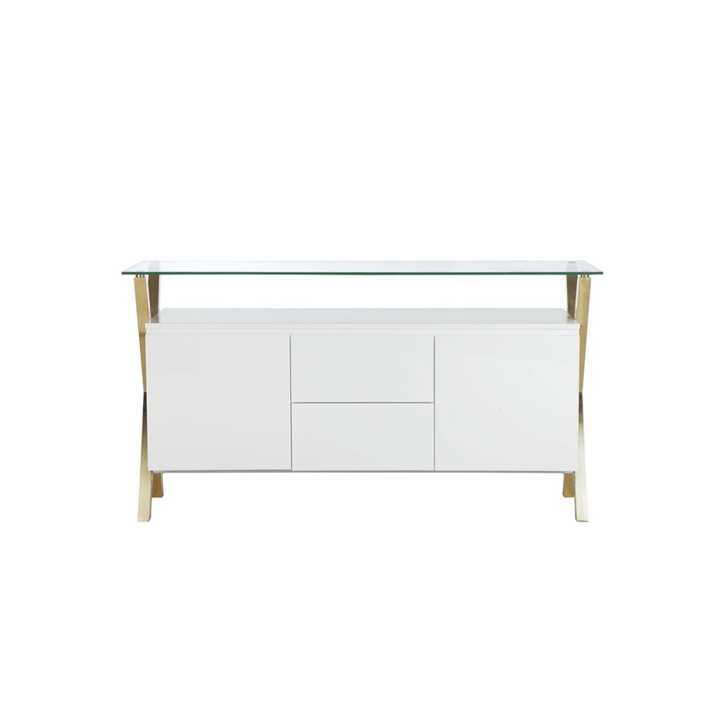 Pangea Home Beverly Modern Glass & Polished Steel Buffet in Gold/White and Clear