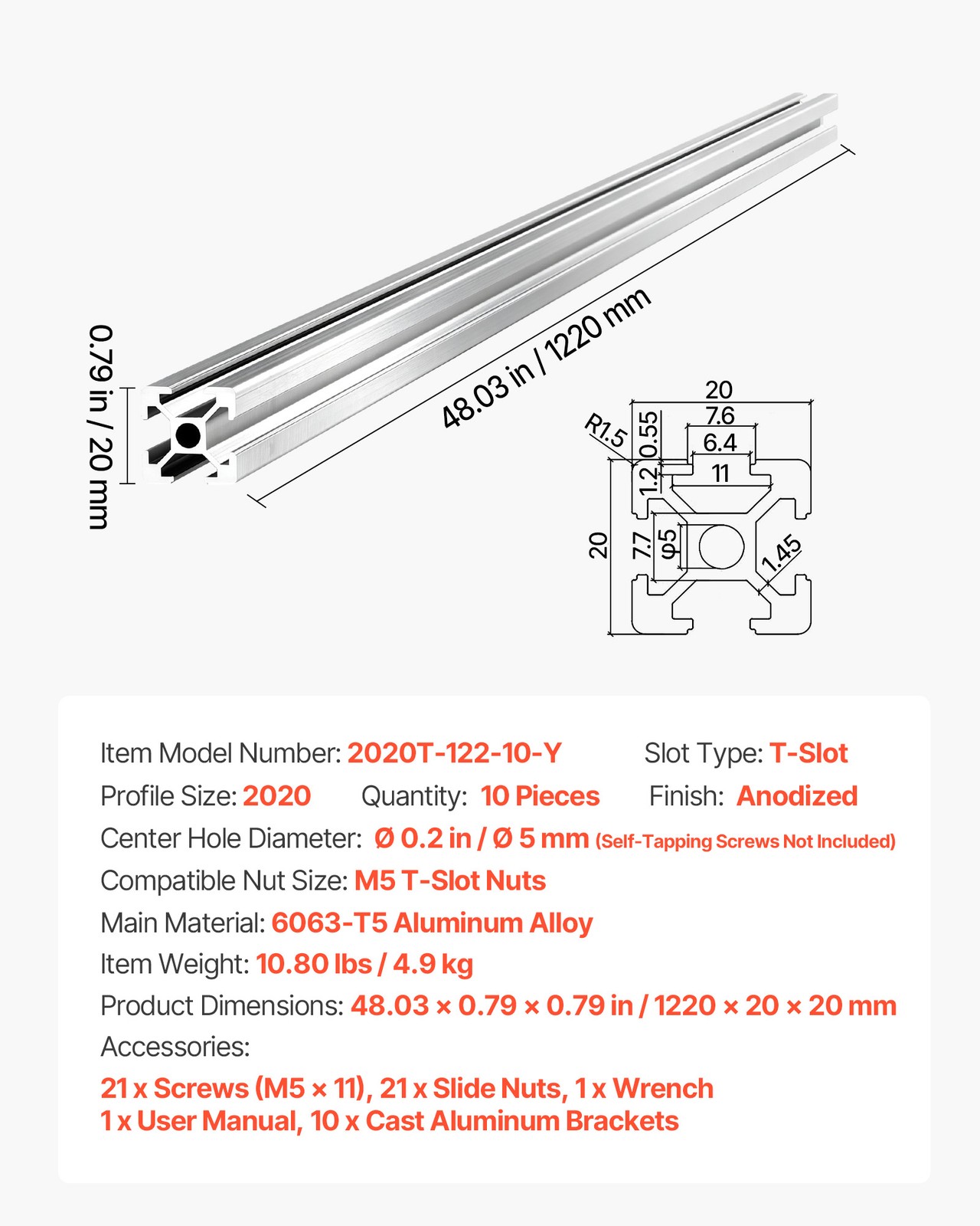 VEVOR 10PCS 2020 Aluminum Extrusion 48″ 1220 mm T Slot Anodized Linear Rail