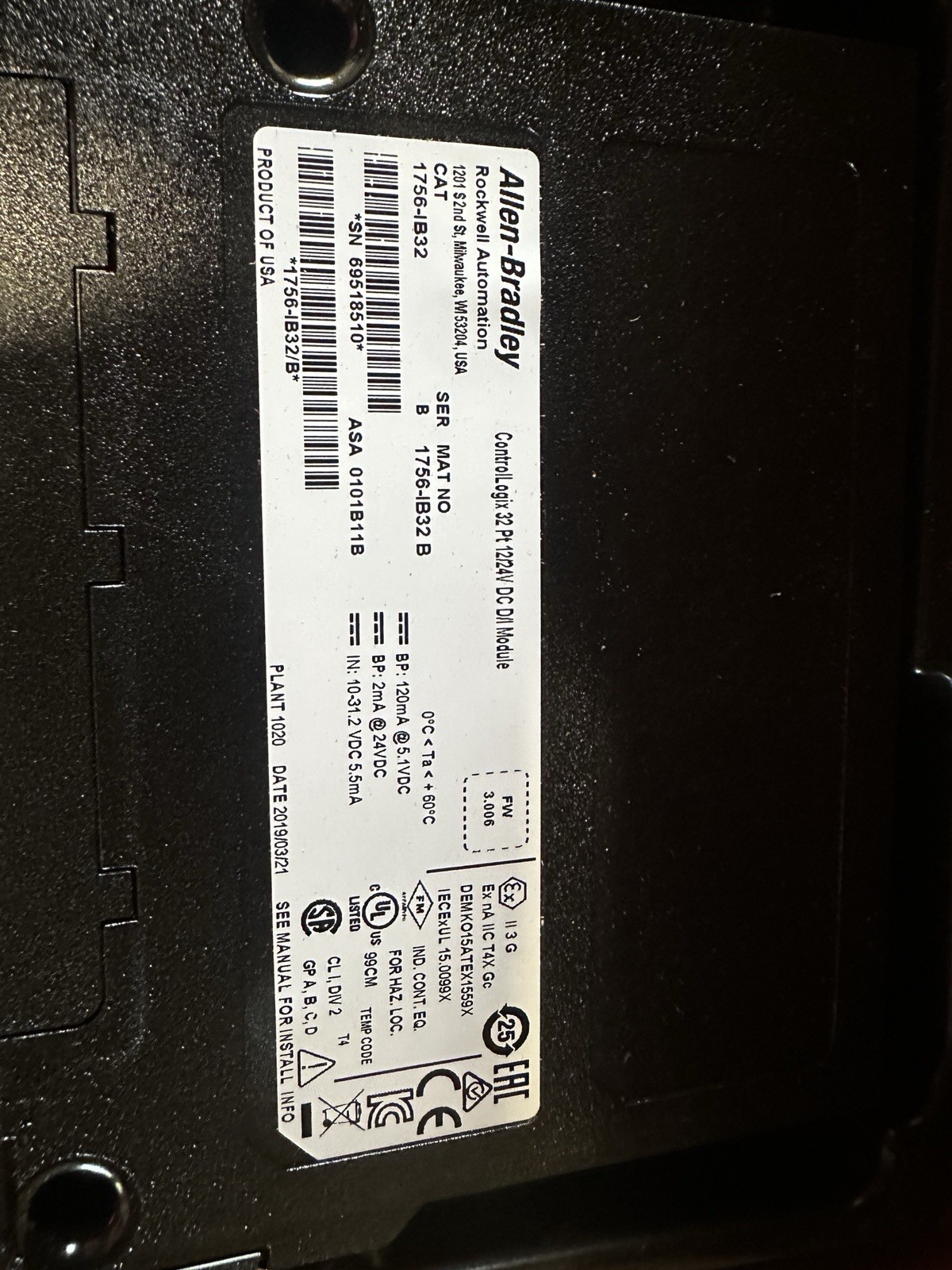 Allen-Bradley 1756-IB32 Digital PLC Input Module ControlLogix 32 Pt 12/24V DC