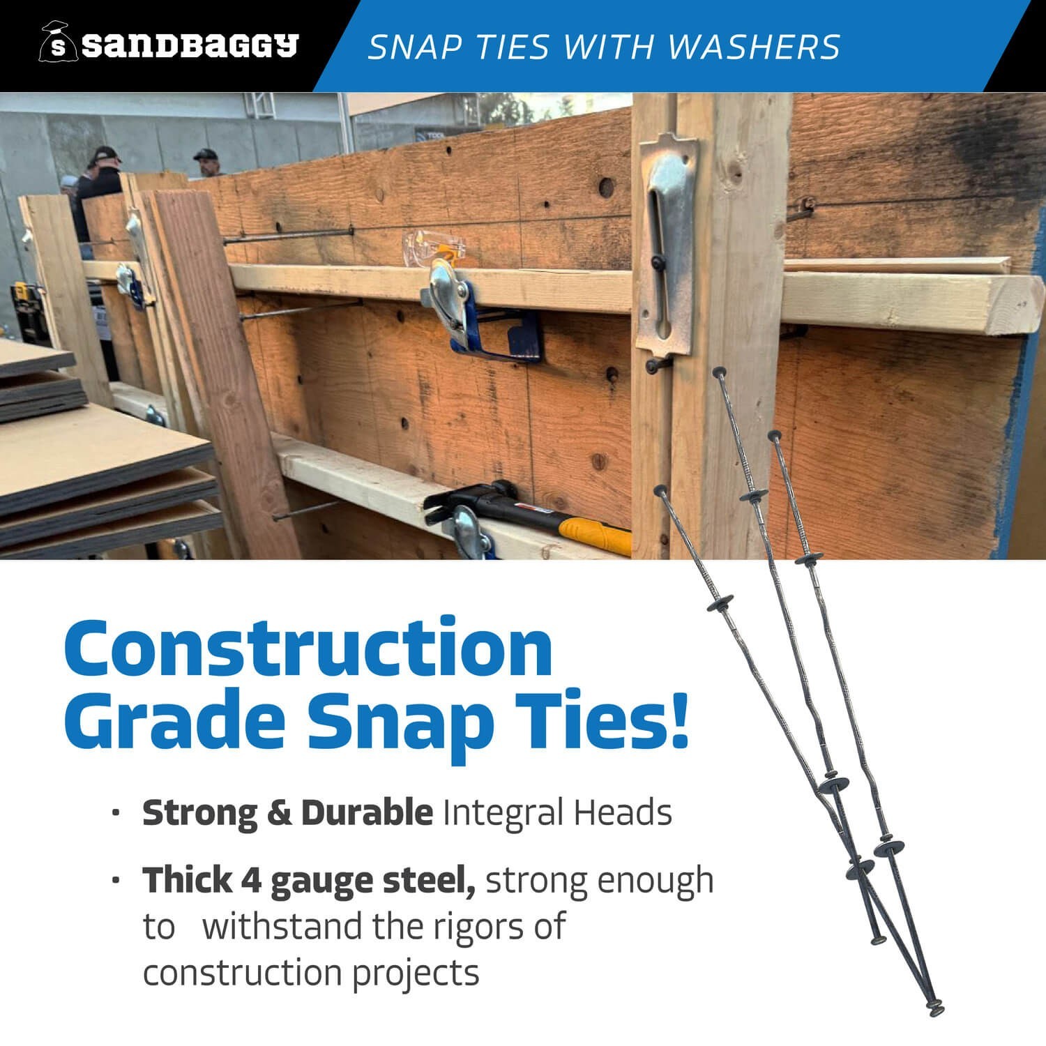Sandbaggy 10″ x 4 ¾» Standard Snap Ties For Concrete Forms – 1″ Flat Washer