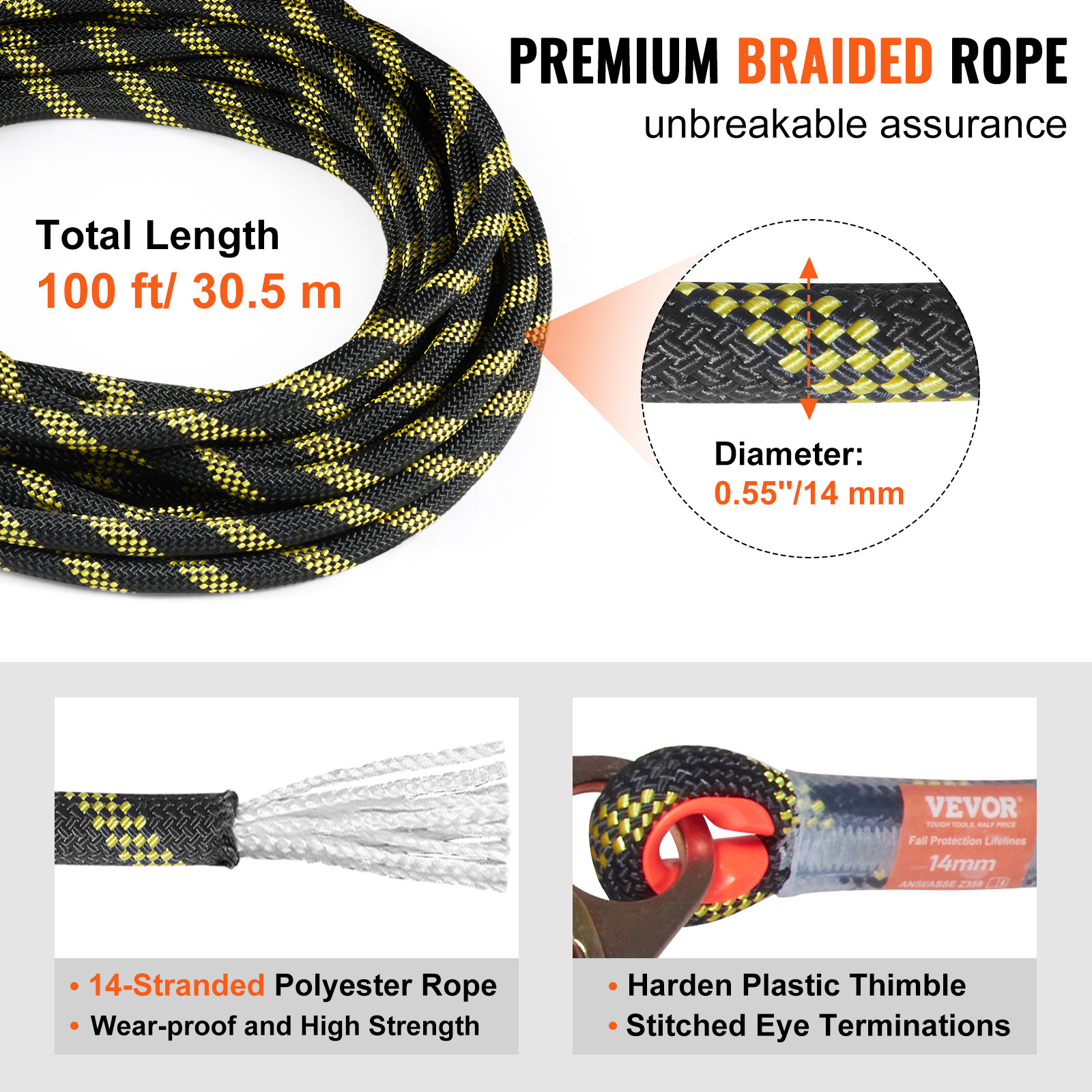 VEVOR Vertical Lifeline Assembly 100 ft Fall Protection Rope 30 KN ANSI Roofing