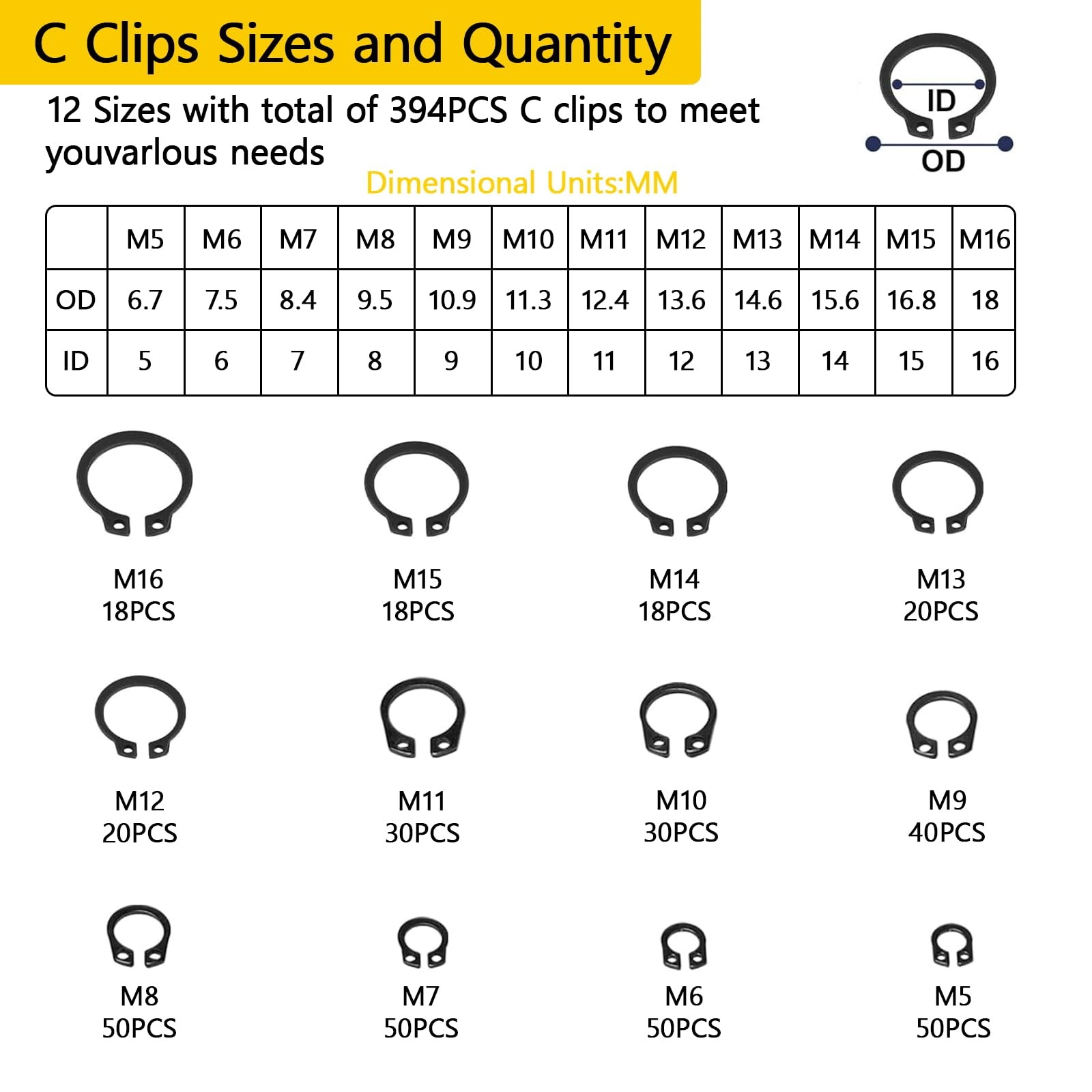 900Pcs C Clips Assortment (M5-M16) and E Clips Assortment Set (M2-M12)