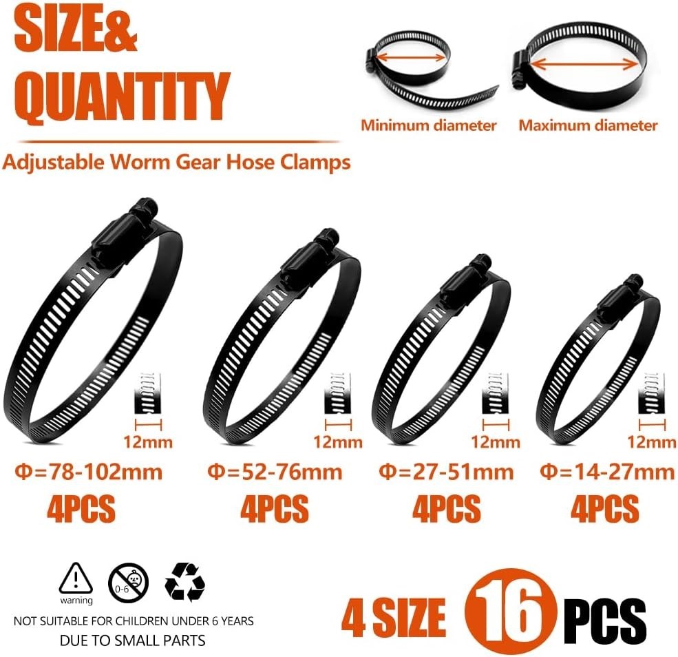 16pcs 4 Sizes Hose Clamp,9/16-4 Inch14-102mm Hose Clamps Stainless Steel Adju…