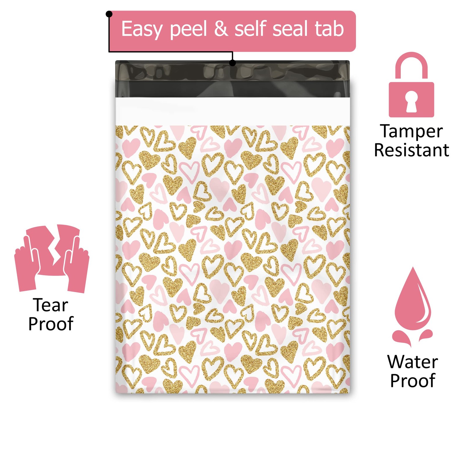 19×24 (25) Pink Hearts Designer Poly Mailers Waterproof Self Sealing Tear Res…