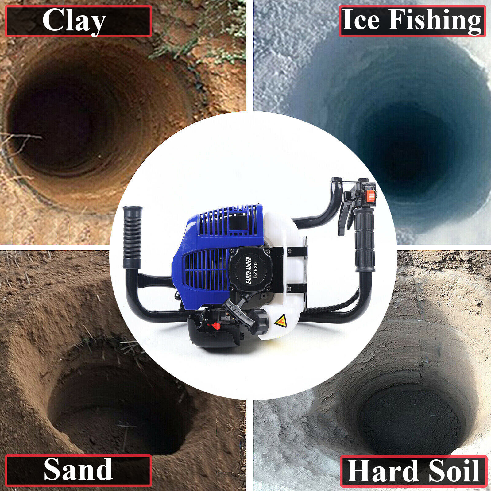 52CC 1700W Gas Powered Earth Auger Post Hole Digger Borer Fence Ground & 2 Bits
