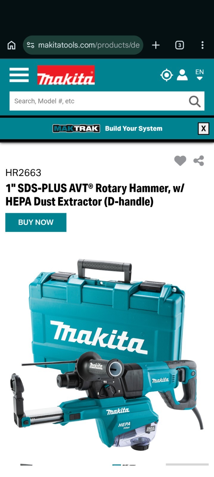 Makita 1″ AVT® Rotary Hammer, Accepts SDS-Plus w/ HEPA Dust Extractor