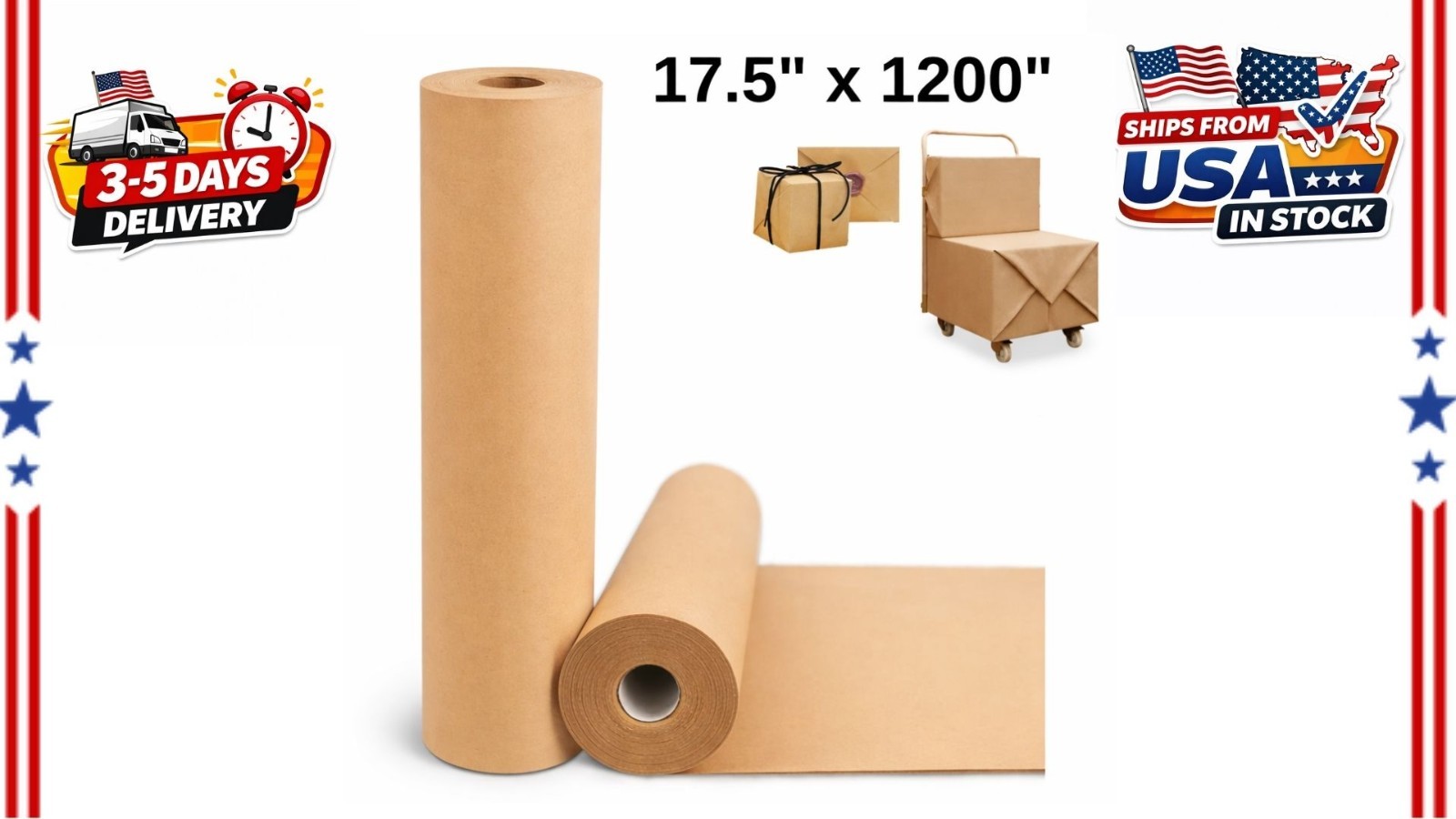 17.5″ x 1200» Brown Kraft Paper 70gsm Basis Thick Roll Packaging Shipping NEW**
