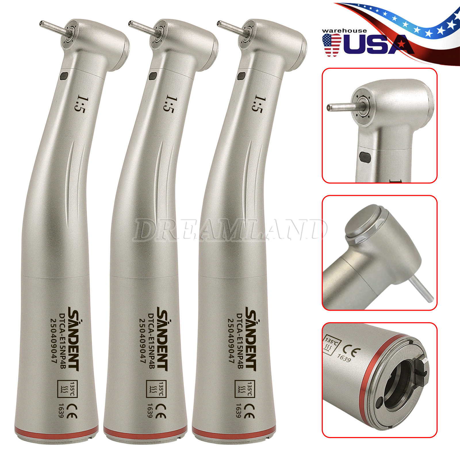 3pcs SANDENT Dental 1:5 LED Contra Angle Handpiece High Speed for Electric Motor